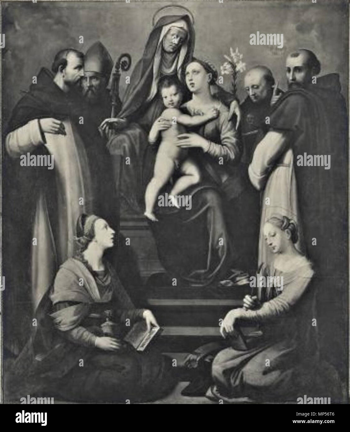 Madonna und Kind e Sant'Anna tra San Pietro Martire, Sant'Alberto Magno (?), San Tommaso d'Aquino, San Vincenzo Ferrer, Santa Maria Maddalena e Santa Caterina d'Alessandria von 1520 bis 1577. 1200 Tosini - Madonna mit Kind und Heiligen - Firenze SSpirito Stockfoto