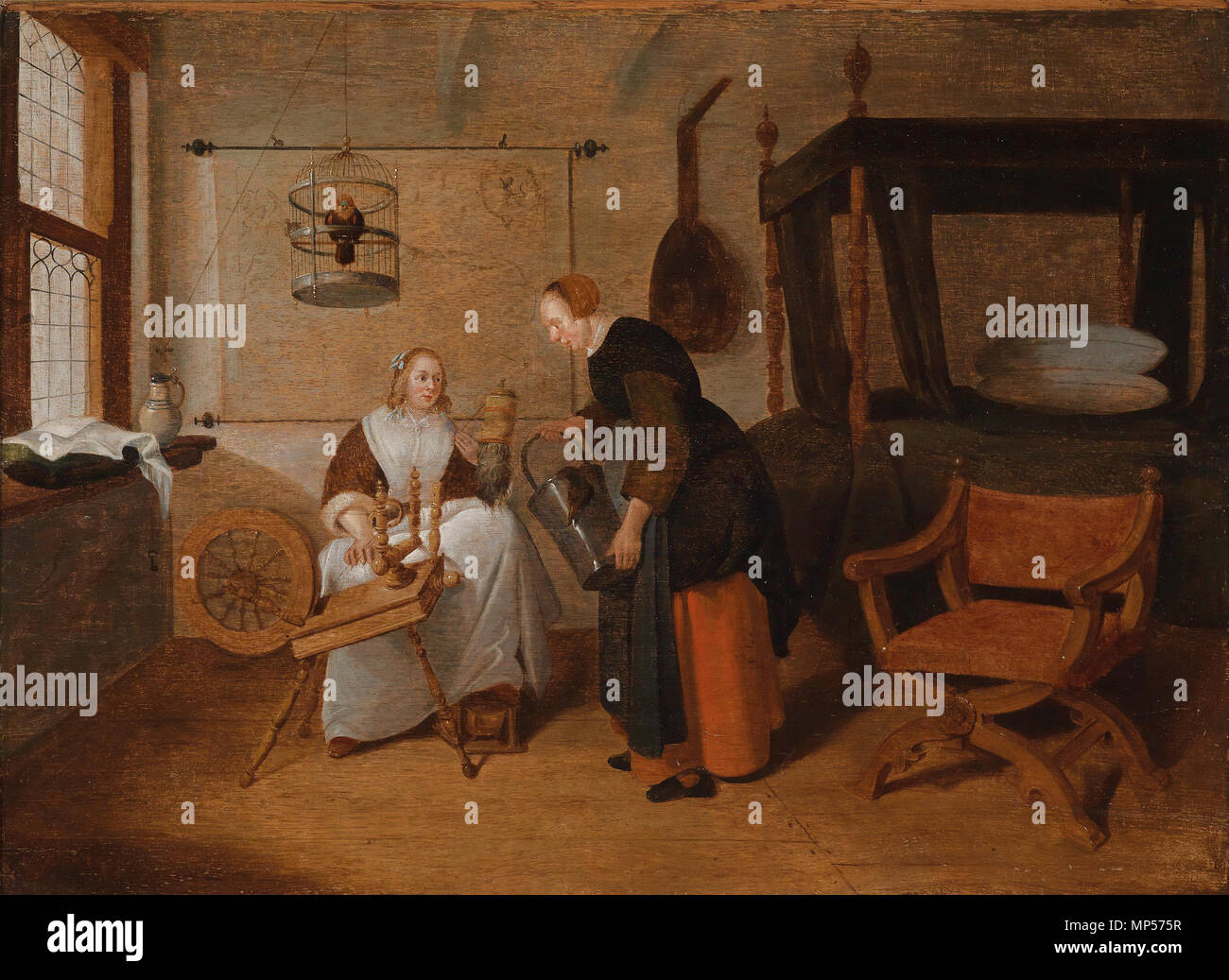 . Interieur mit jungen Frau am Spinnrad und einer Magd, monogrammiert und datiert mit dem Stuhl: QG (ligiert) B 1661, Öl auf Holz, 49 x 66,5 cm. 1661. 1036 Quiringh Gerritsz van Brekelenkam Interieur mit jungen Frau am Spinnrad und einer Magd Stockfoto