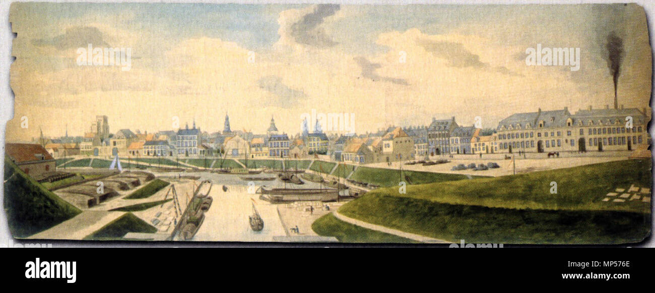 . Englisch: Maastricht, Niederlande. Blick von Norden von Maastricht, insbesondere der frühen industriellen Umgebung von Bassin und Zuid-Willemsvaart. Auf der rechten Seite einige Fabrikgebäude (alle abgerissen) von Petrus Regout von Töpfereien und anderen Werken. Zeichnung von Philippus van Gulpen, 1848. 8 Februar 2014, 21:05:42. Philippus van Gulpen, c 1848 838 Maastricht, Bassin, 1848 Stockfoto