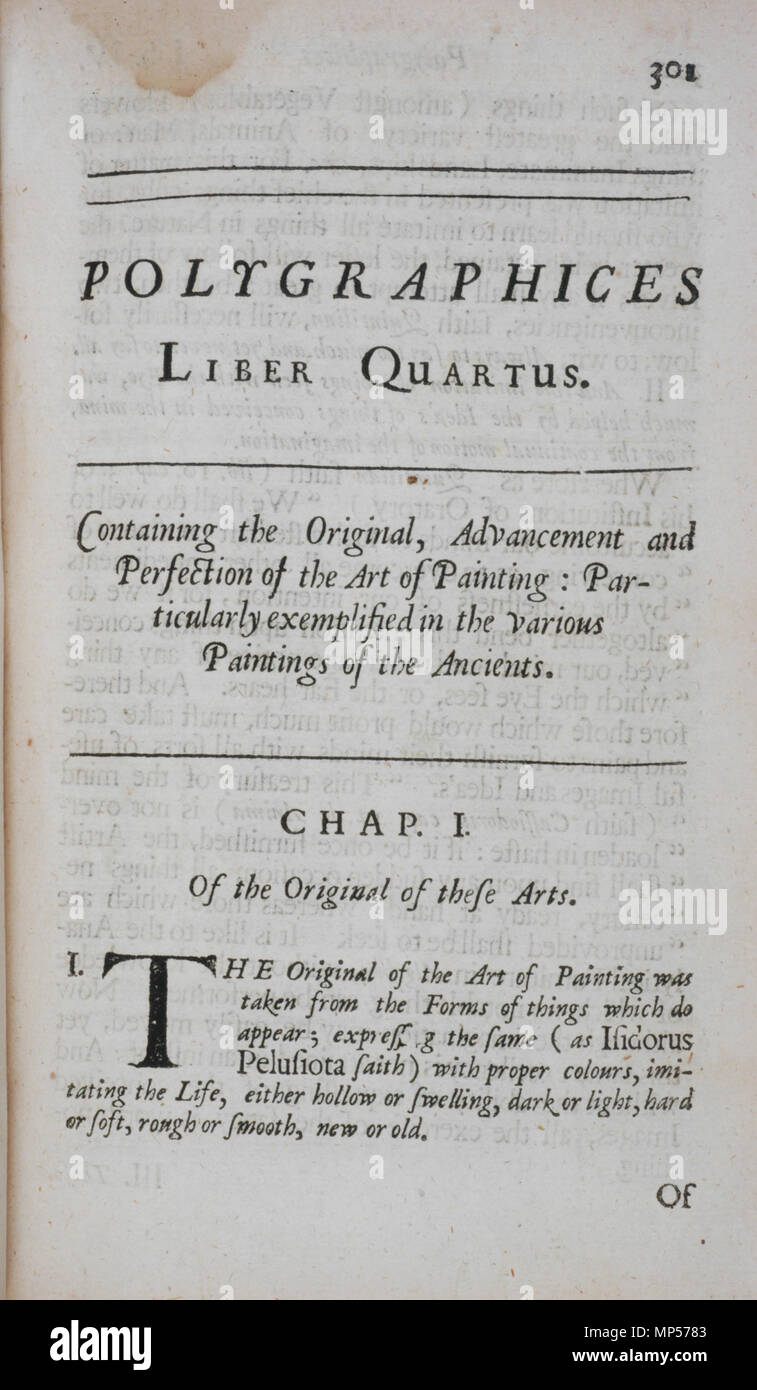 Titelseite zu Buch 4, 'Polygraphices Liber Quartus, mit den ursprünglichen, Weiterentwicklung und Vervollkommnung der Kunst der Malerei: Besonders in den verschiedenen Gemälde der Alten vorgelebt.". Englisch: Titel Seite zu Buch 4, 'Polygraphices Liber Quartus, mit den ursprünglichen, Weiterentwicklung und Vervollkommnung der Kunst der Malerei: Besonders beispielhaft in den verschiedenen Gemälden der Alten.' aus Polygraphice, oder, die Kunst der Zeichnung, Gravieren, Ätzen, Limning, Lackieren, Waschen, Lackieren, Vergoldung, Färbung, sterben, verschönern und Parfümierung: In sieben Bücher: Exemplifiziert, in der Stockfoto