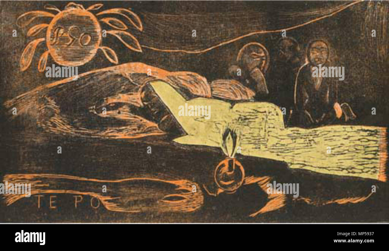 Tahitian: Te Po ewige Nacht. Teil der Serie Suite Noa Noa, 10 Holzschnitte gezeichnet von Paul Gauguin nach seiner ersten Reise nach Tahiti. Sie zeigen ein Buch mit dem gleichen Namen. (Buch - [[:Kategorie: Suite Noa Noa | Gravur]] Wikipedia (katalanisch)). . 1893 oder 1894. 1150 Suite Noa Noa-te Po Stockfoto