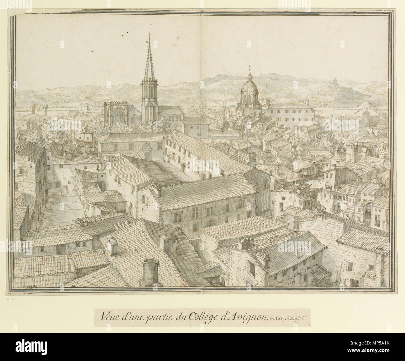 Als nebenklägerin du College d'Avignon // 1617: Veüe d'une Partie du Collège d'Avignon, en 1617. le 3. e de Jan. er. Englisch: Blick nach Süden über Avignon wahrscheinlich vom Dach der Livrée de Ceccano. Der Turm der Église Saint-Martial ist auf der linken Seite. Die Kuppel der Jesuit Saint-Louis Noviziat ist auf der rechten Seite. . 1617. 864 Martellange 1617 Avignon 171 Stockfoto