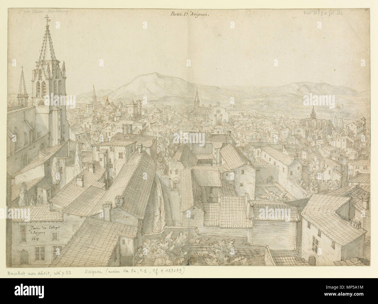 Als nebenklägerin du College // d'Avignon // 1617: Partie d'Avignon. Englisch: Blick nach Osten über Avignon wahrscheinlich vom Dach der Livrée de Ceccano. Die Kirche im Vordergrund auf der linken Seite ist die Église Saint-Didier. . 1617. 864 Martellange 1617 Avignon Vin Stockfoto