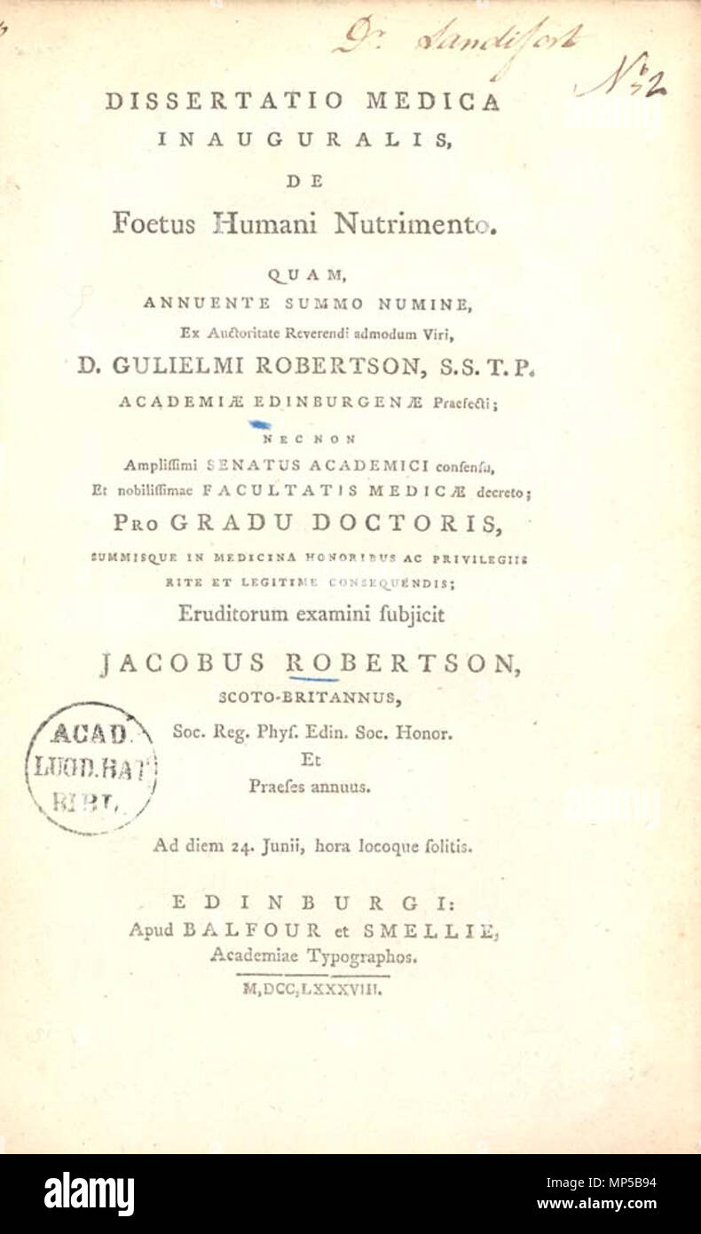 . Englisch: Jacob Robertson: Dissertatio inauguralis Medica de Fötus humani nutrimento. Dissertation Universität Edinburgh, 1788. Aus der Sammlung von Prof. Eduard Sandifort, Drucksachen Leiden University Library. 24. Juni 1788. Jakob Robertson 1068 RobertsonEdinburgh 1788 Stockfoto
