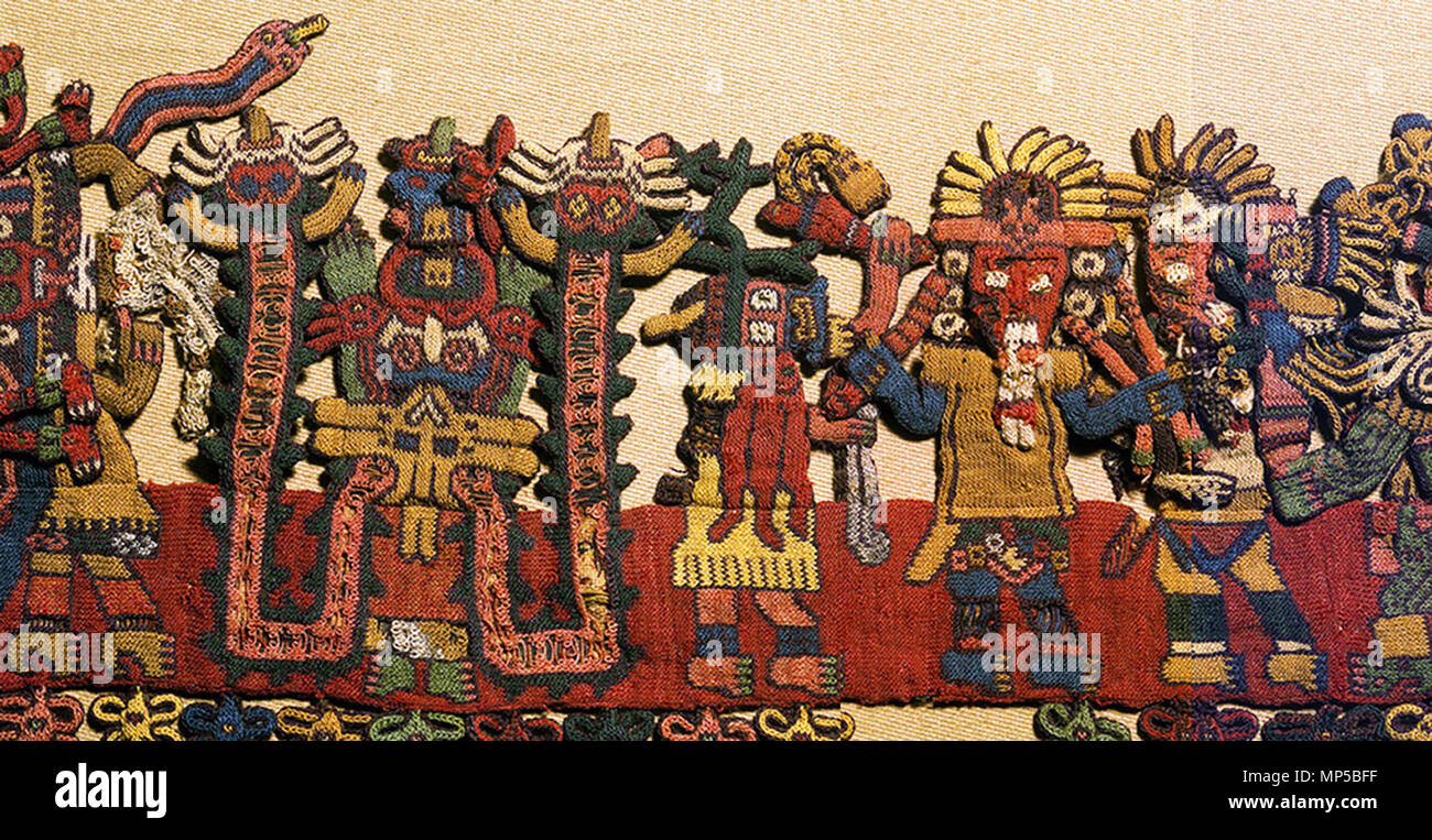 . Detail der Grenze zahlen (composite Foto), Nasca, Mantel (die "Paracas Textil'), 100-300 C.E., Baumwolle, Camelid Faser, 58-1/4 x 24-1/2 Zoll/148 x 62,2 cm, gefunden Südküste, Paracas, Peru (Brooklyn Museum). Textil: ca. AD 100 bis AD 300. unbekannt, unbekannt photograoher Nazca Weber 920 Nazca Handarbeit Textil Stockfoto