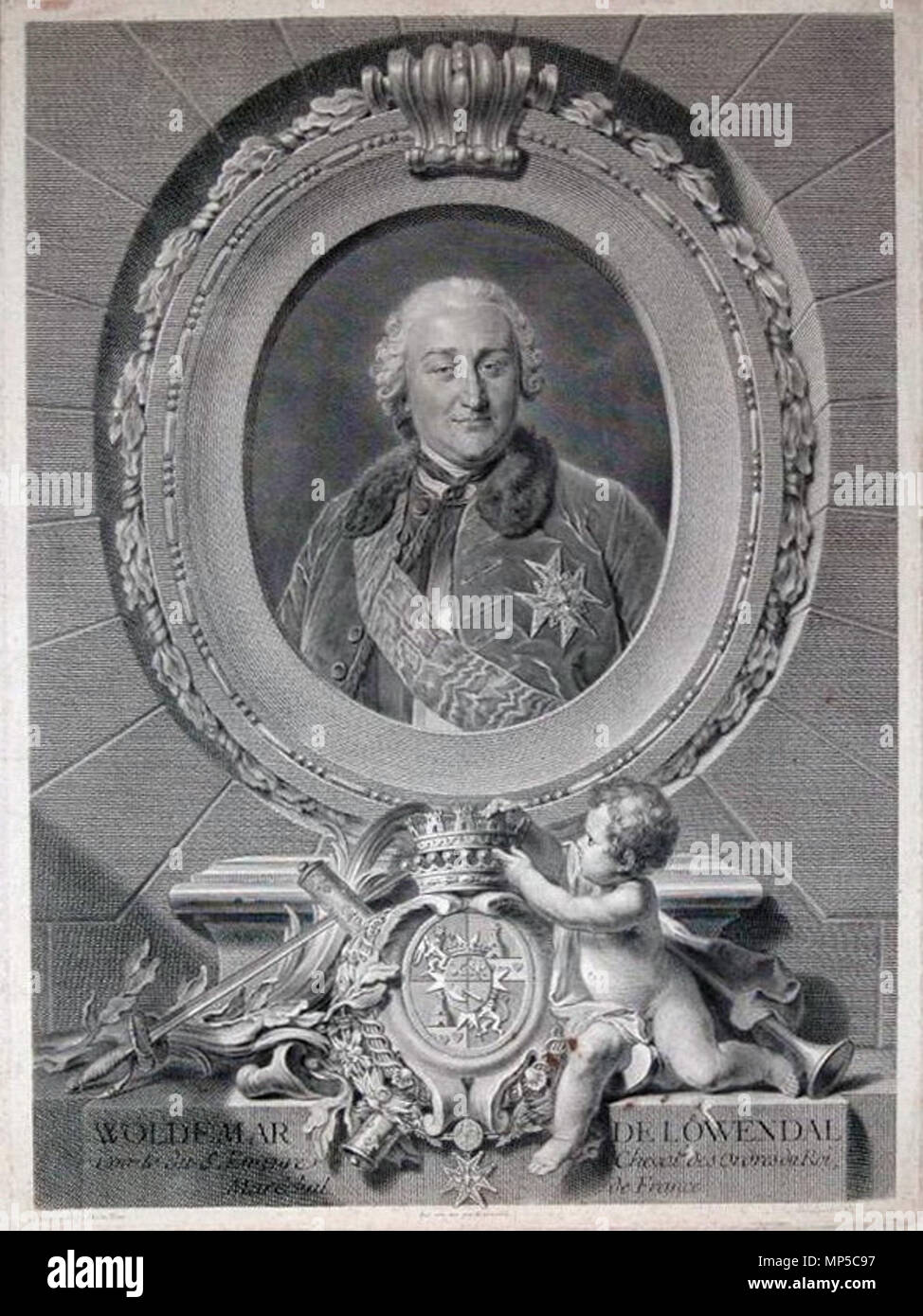 . Englisch: Porträt von Ulrich Woldemar, Graf von Löwendal, marchal von Frankreich. 18. 1022 Portrait von Woldemar de Lowendal. Radierung von Johann Georg Wille (1715-1808) Stockfoto