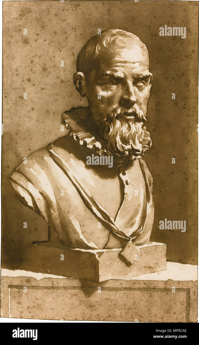 Büste von Pieter Adraensz. Van der Werff (1529-1603), nach Hendrick de Keyser (1565-1621) * Pen und brauner Tinte und waschen über Schwarze Kreide * 21,2 x 13,3 cm * bezeichnet Verso: Burgermeester Vander Werff/van Leyden * bezeichnet Verso: J de Bisschop/Hoog 8 1/2/Br 5 1/4 Pieter Adraensz. Van der Werff, von Jan de Bisschop 989 Pieter Adraensz. Van der Werff, von Jan de Bisschop Stockfoto