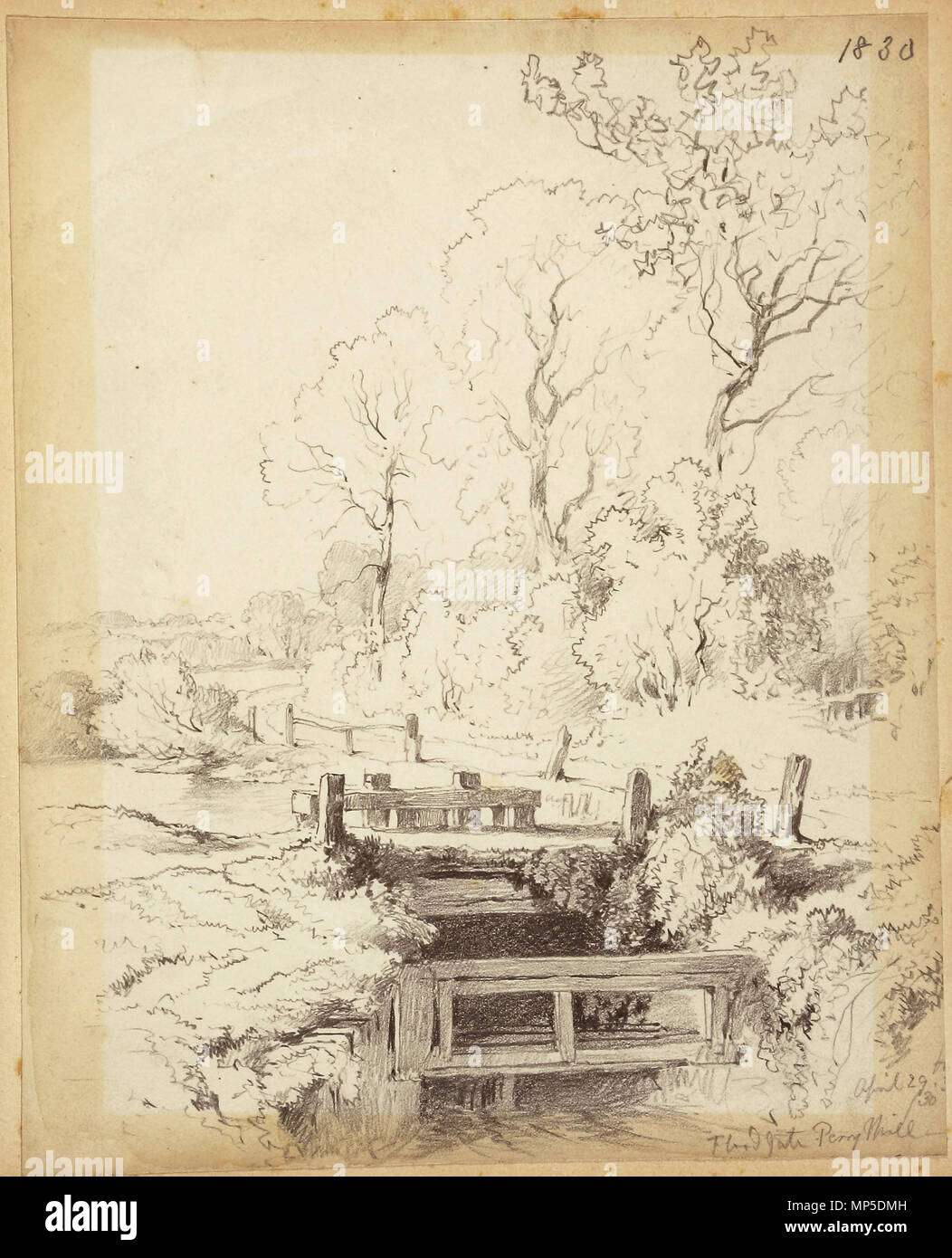 . Englisch: Floodgate, Perry Mühle, in der Nähe von Perry Barr, Staffordshire (jetzt) in Birmingham, England. English: Stauschleuse, Perry Mühle in der Nähe von Perry Barr, Staffordshire (heute) Birmingham, England. . 1830. 812 Linien Familie Skizzenbuch - Schleuse, Perry Mühle 008 Stockfoto
