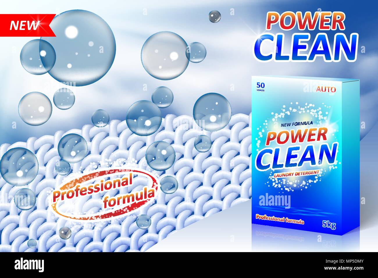 Waschmittel des Anbieters. Fleckenentferner Package Design für Werbung mit Seifenblasen und closeup Faserstruktur. Waschmittel Banner mit sauberen T-Shirt. Vector Illustration Stock Vektor