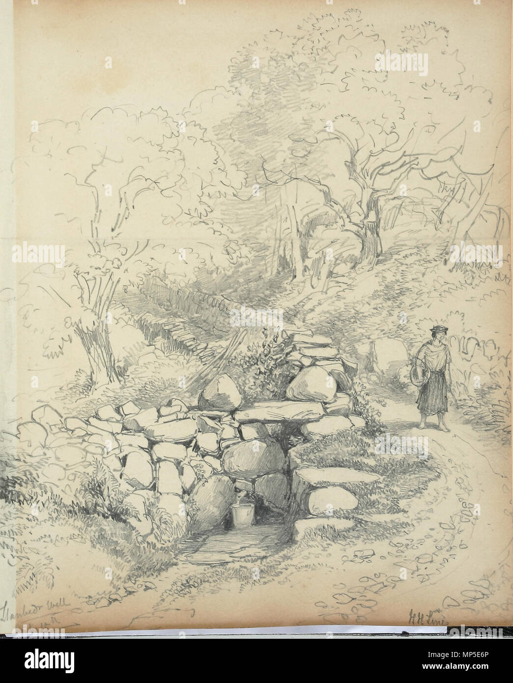 . Englisch: Pierrevert, pierrevert-y-Cennin, Wales. Bleistift auf Papier; 220 x 279 mm Inscr. Bl.: Pierrevert Gut 15. Juli, Br.: H H Linien Beitritt: BIRSA: 2007 X 532 von den Linien der Familie Skizzenbuch, in der Sammlung des Royal Birmingham Gesellschaft der Künstler, Birmingham, England. Siehe die Wiederentdeckung der Linien der Familie - Katalog - 2009. 15. Juli 1872 bzw. 15. Juli 1873. Henry Harris Linien (1800 - 1889) Beschreibung der Britischen Landschaft Künstler und Archäologe Geburtsdatum / Tod 1800 20. Februar 1889 Ort der Geburt Birmingham Authority control: Q 5722658 VIAF: 31876661 ULAN: 500031 Stockfoto