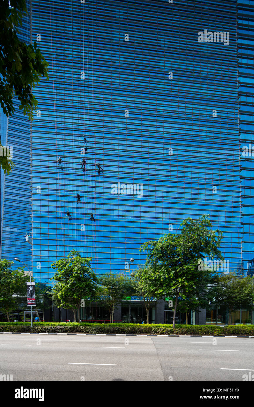Fensterputzer waschen und putzen das Außengebäude am Marina Bay Financial Center. Singapur. Stockfoto