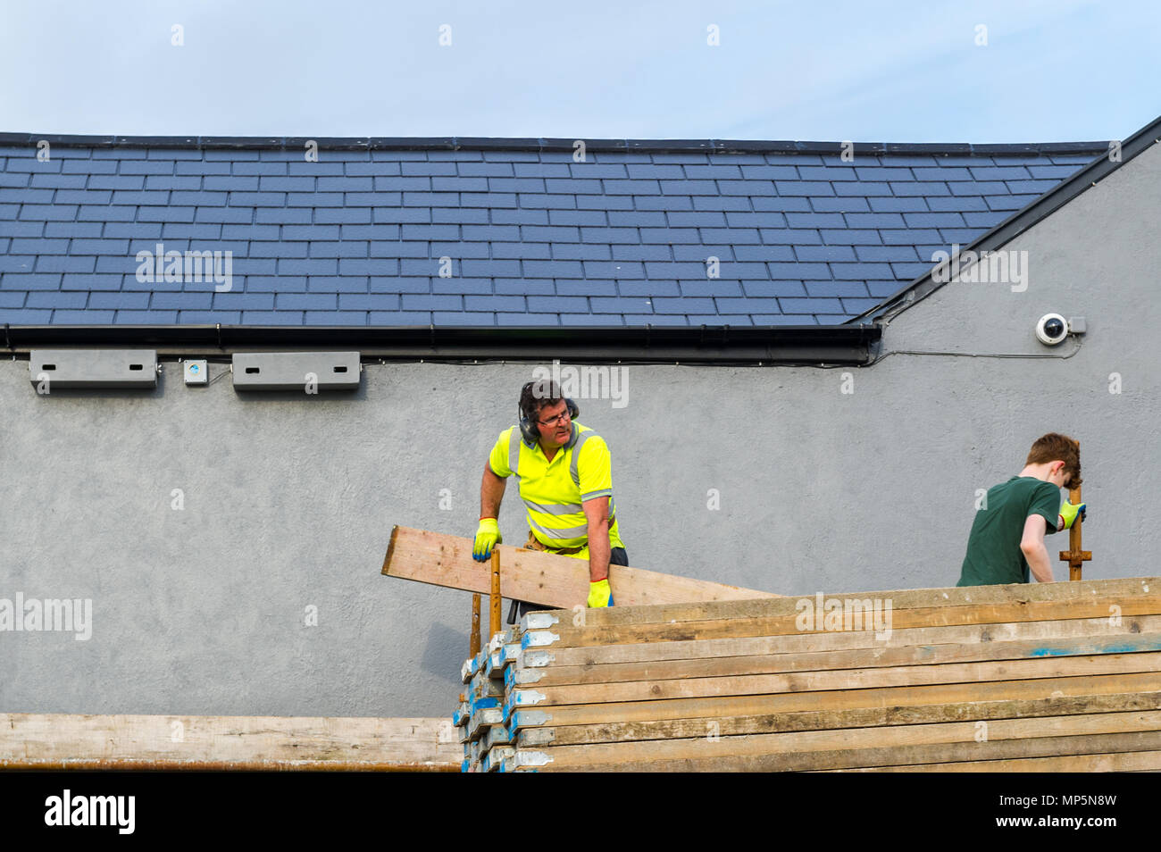 Gerüst Arbeitnehmer die Gerüste und Gerüst Planken mit Swift nistkästen an der Wall in Schull, County Cork, Irland mit kopieren. Stockfoto