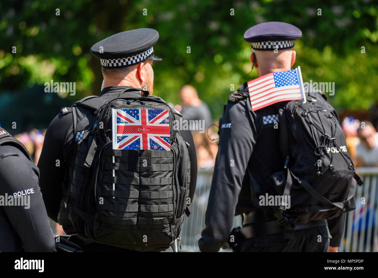 Royal Wedding. Polizei mit Fahnen. Polizisten mit einem Union Jack Flagge und mit einer US-amerikanischen Flagge Staaten. Im Windsor Great Park, dem langen Spaziergang Stockfoto