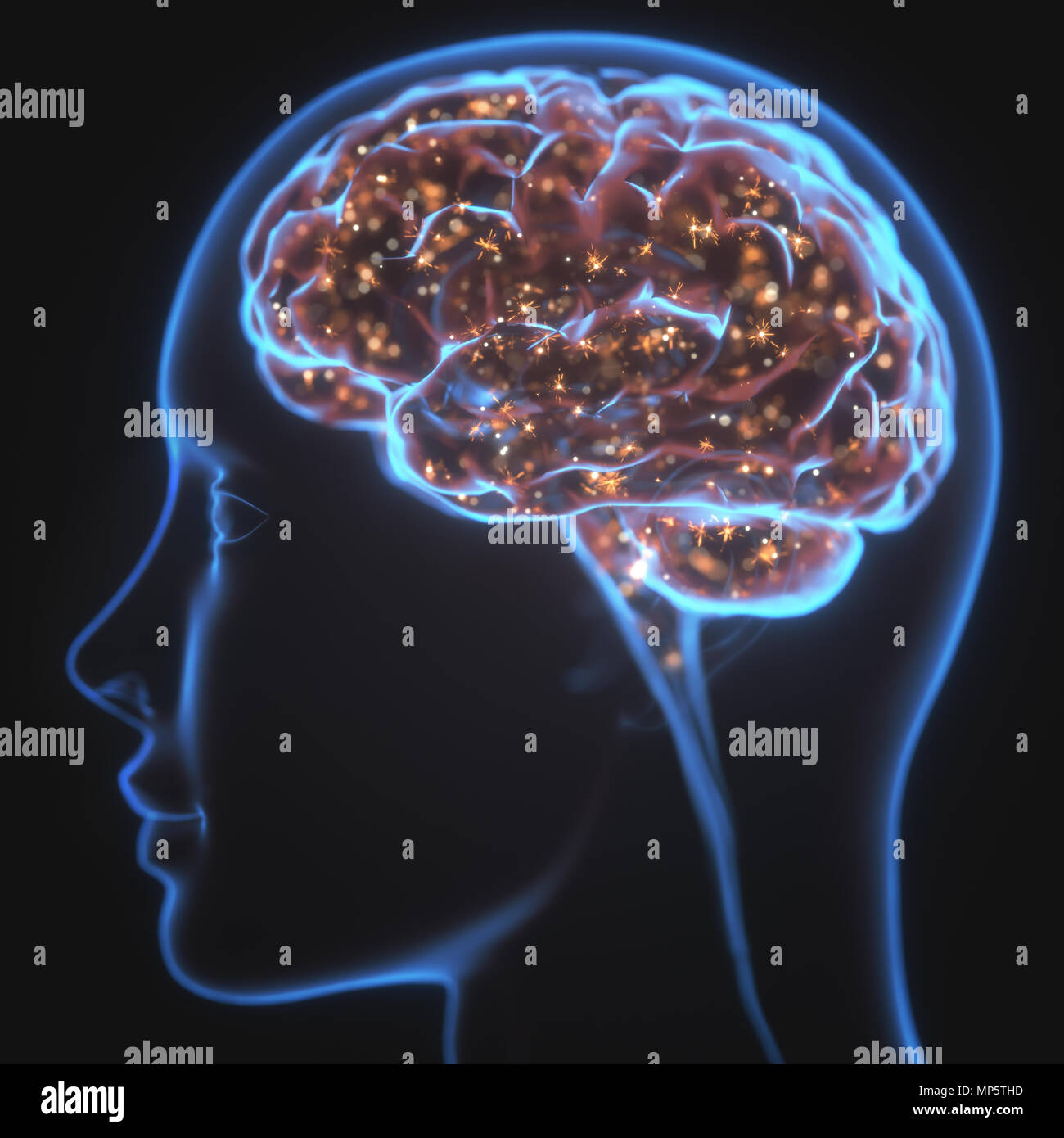 3D-Darstellung. X-ray des Kopfes und des menschlichen Gehirns im Konzept der neuronalen Verbindungen und elektrische Impulse. Funkelt im Inneren des Gehirns. Leistungsstarke verstand. Stockfoto