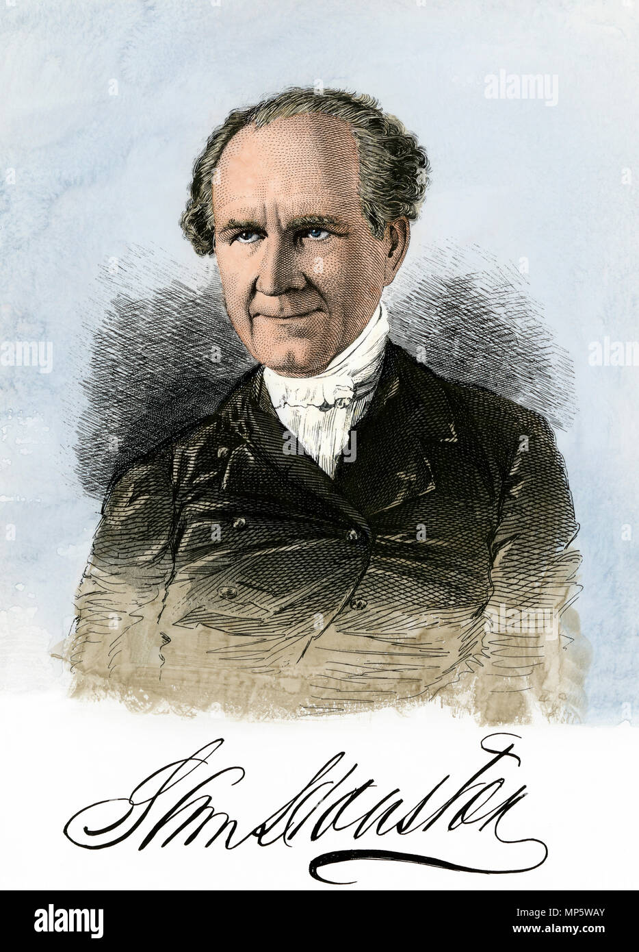 Sam Houston, Texas, mit seinem Autogramm. Hand - farbige Gravur Stockfoto