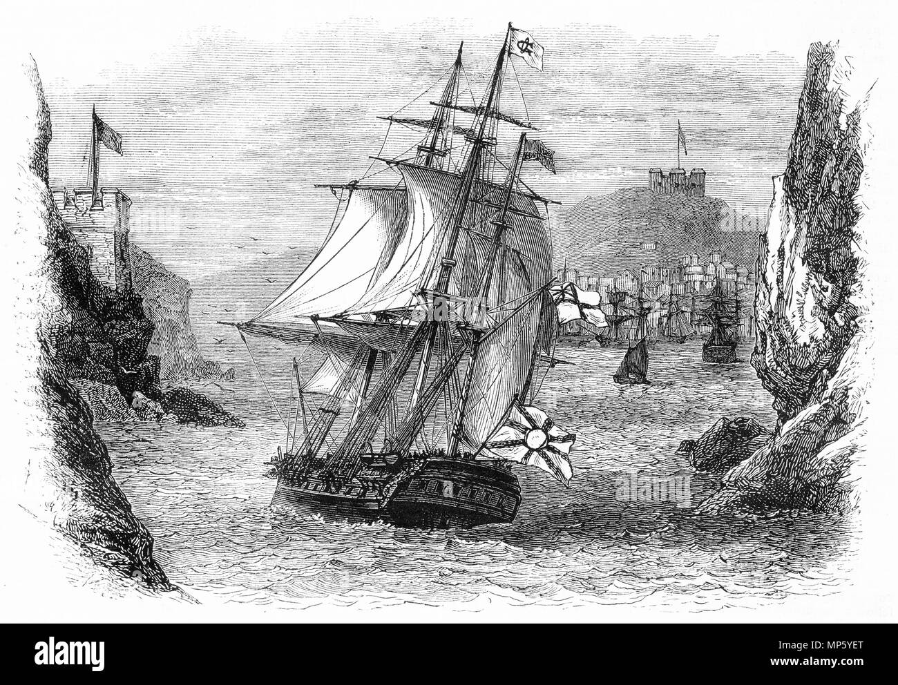 Gravur von einem Segelschiff auf dem Weg in den Hafen. Von einem ursprünglichen Gravur in eigenen Papier Magazin der Mädchen 1883. Stockfoto