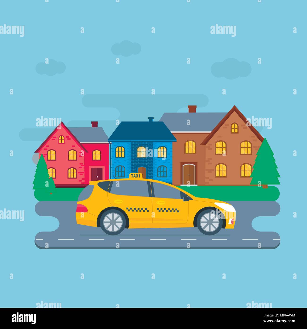 Poster, Banner mit der Maschine yellow cab in der Stadt. Öffentliches Taxi Service Konzept. Stadtbild im Hintergrund. Flache Vector Illustration. Stock Vektor