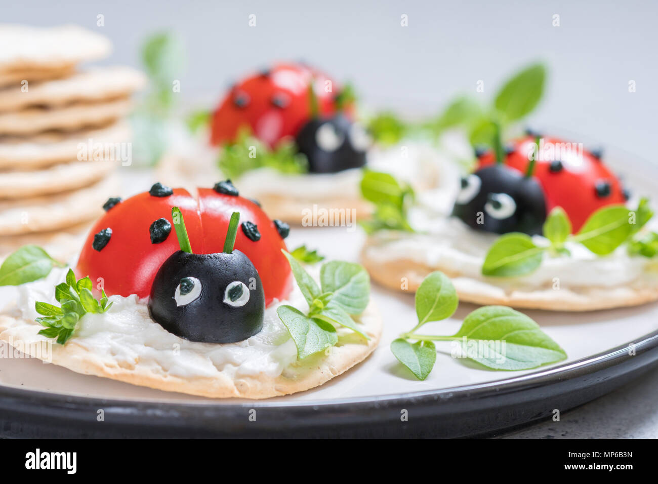 Lustige Marienkäfer Snack Vorspeise mit Tomate auf Cracker ...