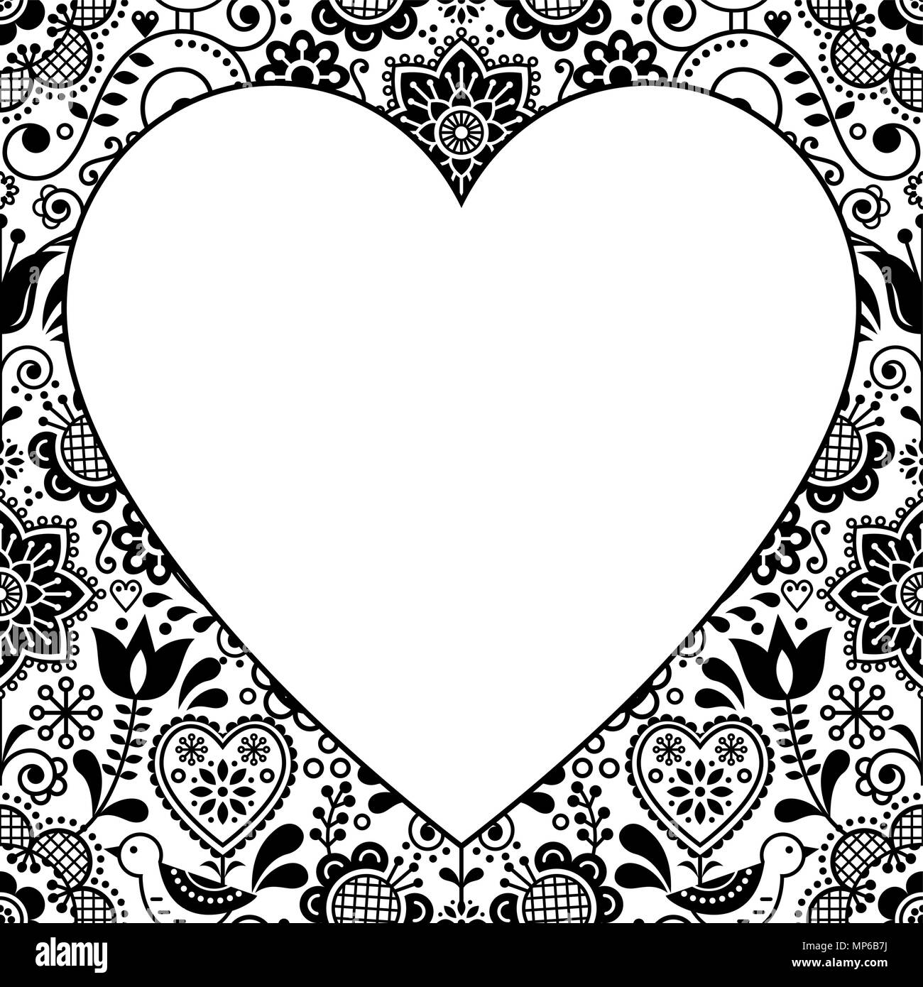 Folk Herz design Grußkarte, Skandinavischen floral Vektor Muster in Schwarz und Weiß Stock Vektor