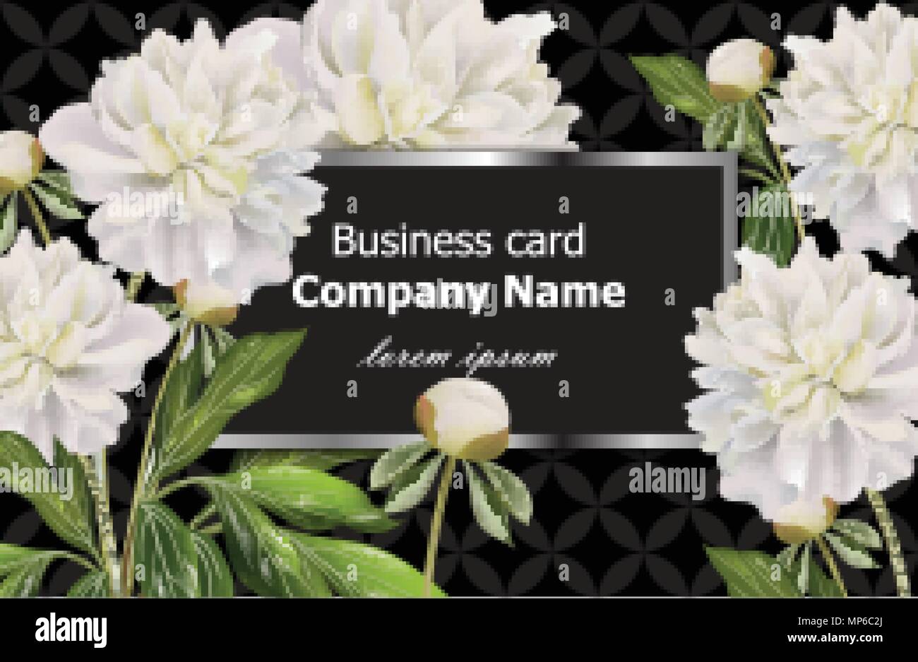 Business Card mit weiße Pfingstrose Blüten. Vektor realistische florales Dekor, 3D-Darstellung Stock Vektor