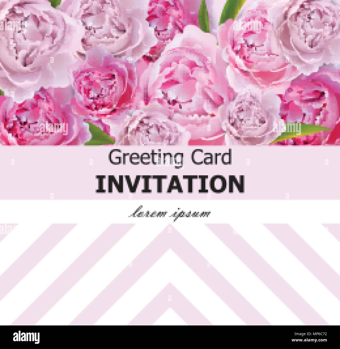 Pfingstrose blumen Grußkarte Vektor. Rosa Blüten mit abstrakten Dekor. Frühling Sommer Hintergrund. Stock Vektor