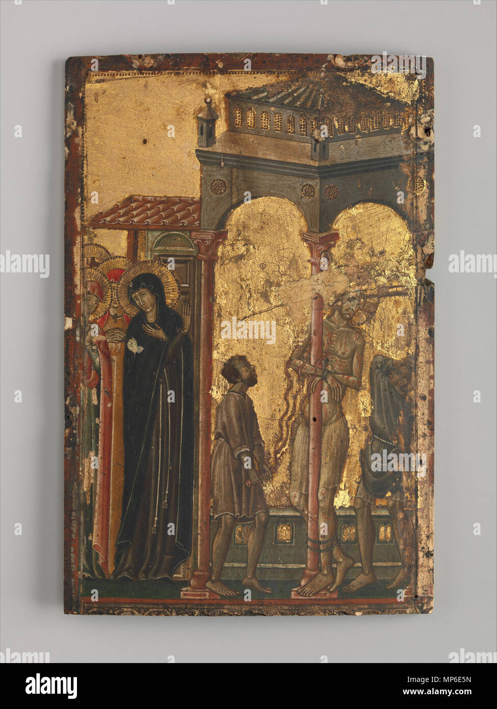 Master Forlì (Italienisch, Romagna, Aktiv, erste Hälfte 14. Jahrhundert) Die Geißelung, erste Hälfte 14. Jahrhundert Italienisch, Romagna, Tempera auf Holz, Gold; Gesamt: 7 3/4 x 5 1/4 in. (19,7 x 13,3 cm); Oberfläche lackiert lackiert (ohne Grenzen): 7 3/8 x 4 5/8 in. (18,7 x 11,7 cm) das Metropolitan Museum of Art, New York, Robert Lehman Collection 1975 (1975.1.79) http://www.metmuseum.org/Collections/search-the-collections/459021 die Geißelung 870 Master von Forlì-Flagellazione - Metropolitan Museum - New York Stockfoto