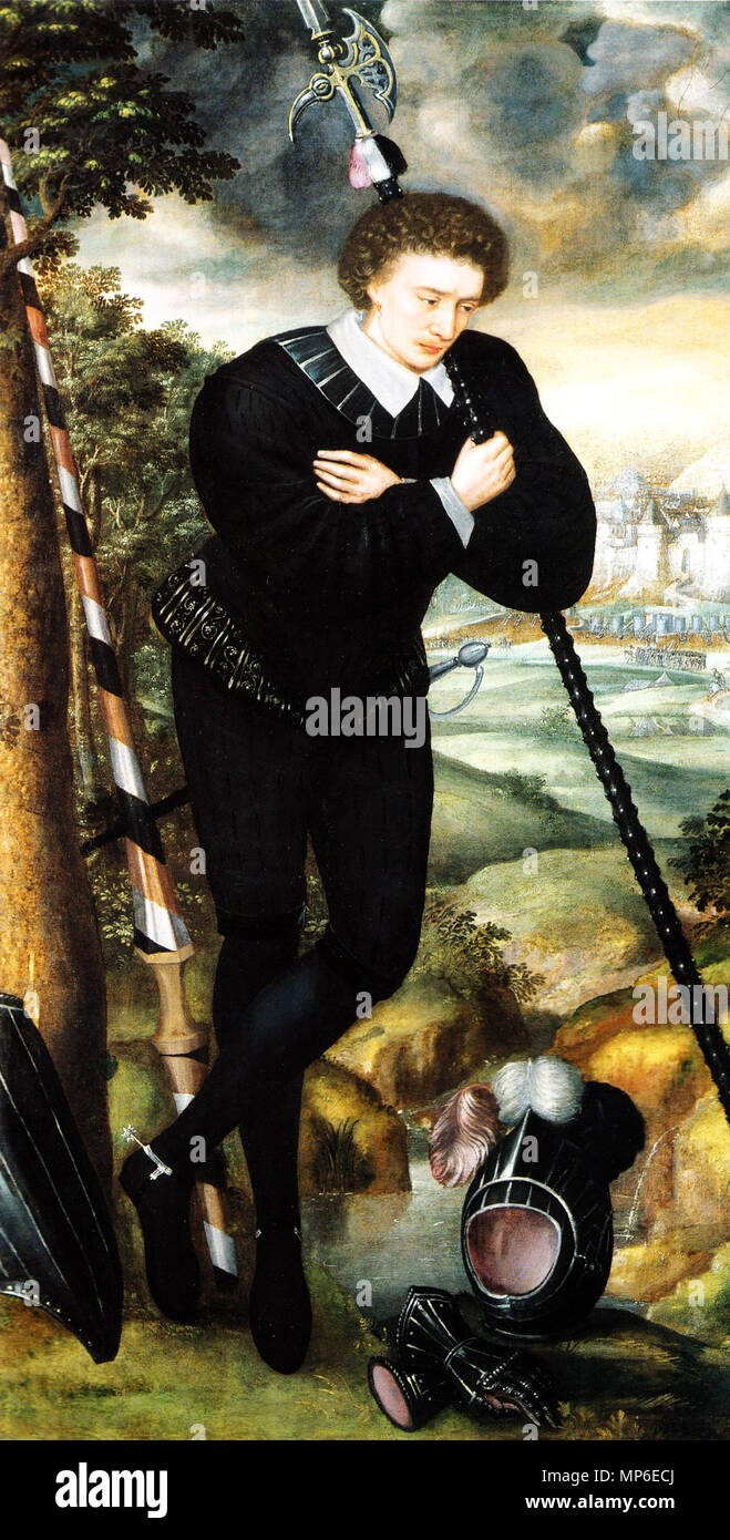 . Englisch: Porträt eines jungen Mannes stehen unter einem Baum, stützte sich auf eine Hellebarde in der Haltung von einer melancholischen Hirten, auf eine Klage der Schwarzen kippen Rüstung anstarren, mit einer befestigten Stadt und eine Schlacht in der Ferne. Wahrscheinlich Sir Robert Sidney; möglicherweise Sir Thomas Knollys. . Zwischen ca. 1584 und ca. 1588. 881 Melancholie junger Mann Stockfoto