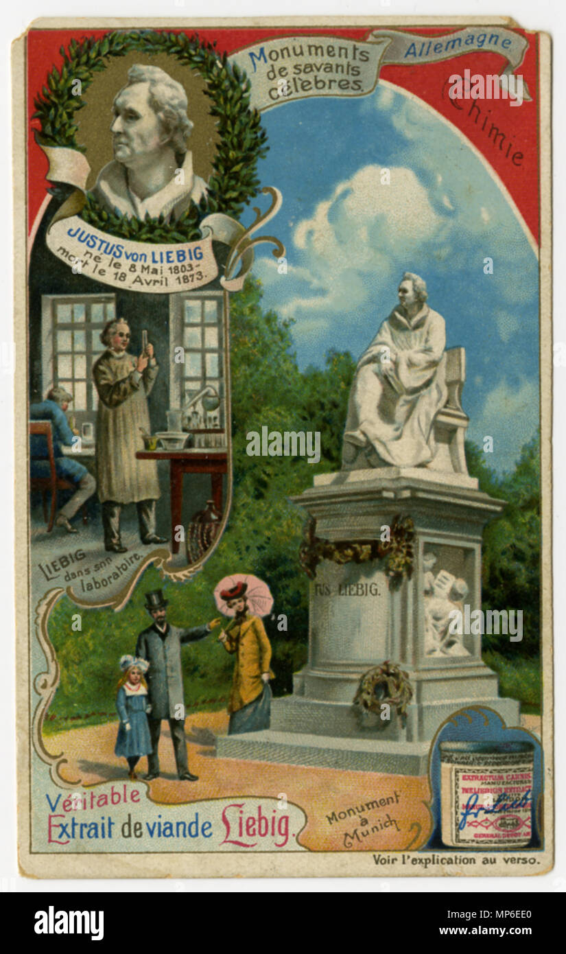 Denkmäler de savants celebres Memorial Trading Card für Justus von Liebig. Französische Trading Card für Véritable Extrait de viande Liebig (Real Liebig Fleischextrakt), Justus von Liebig auf der Vorderseite. Es gibt drei Bilder auf der Vorder-zentrale Bild ist ein Denkmal für Liebig, zwei weitere Bilder sind auf der linken Seite ist eine Büste von Liebig durch Lorbeerblätter umgeben, untere Bild ist von Liebig in seinem Labor. Bild der Container in der unteren rechten Ecke. Text auf Vorderseite Produkt identifiziert und Liebig. Von vorne oben nach unten und von links nach rechts: 'Monuments/de Savants/celebres. (Denkmal Stockfoto