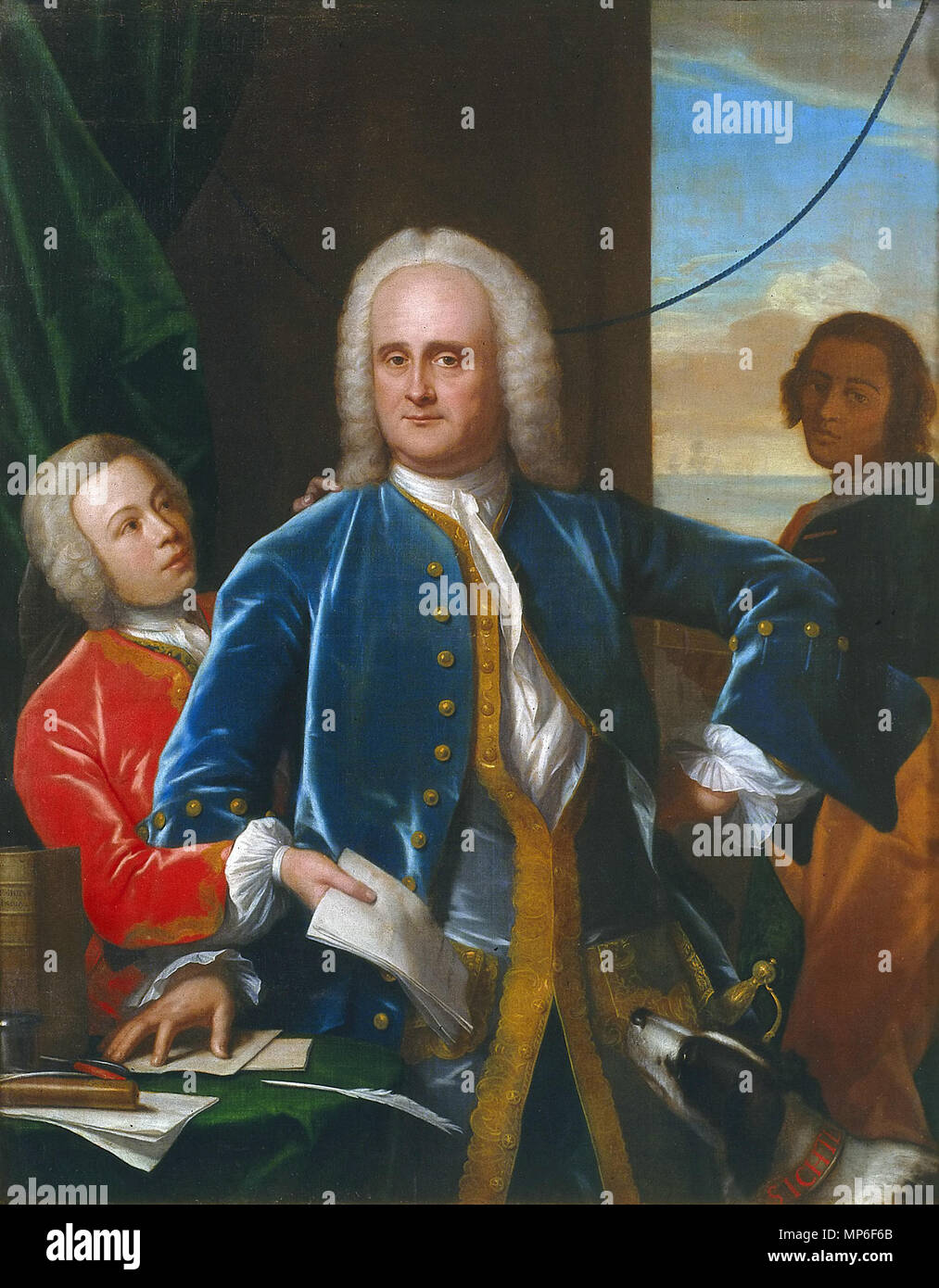 Jan Albert Sichterman met zijn zoon Jan Albert * Öl auf Leinwand * 148 x 117 cm * 1748 Jan Albert Sichterman mit seinem Sohn Jan Albert 1745. 981 Philip van Dijk - Jan Albert Sichterman met zijn zoon Jan Albert Stockfoto