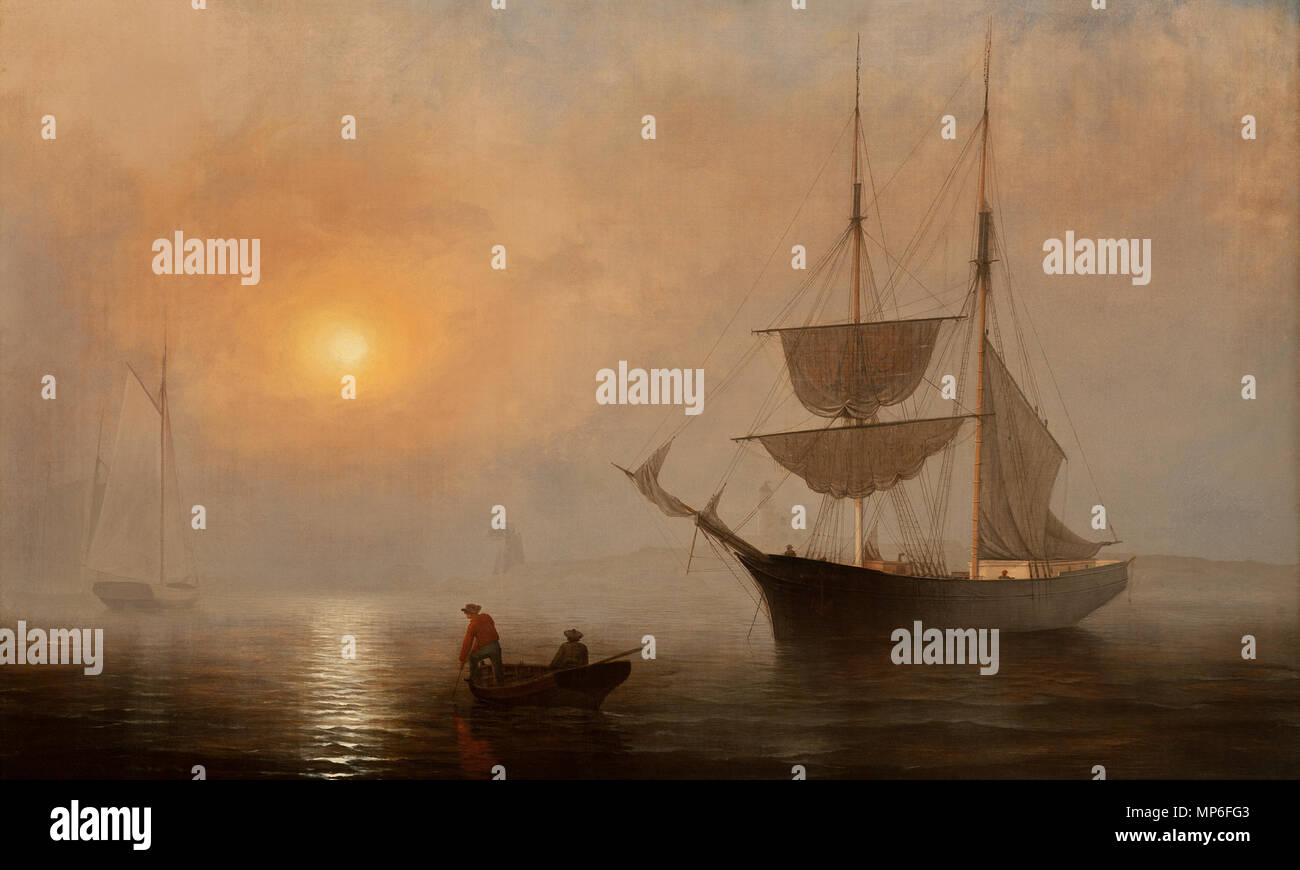 Englisch: Schiff im Nebel, Gloucester Hafen. Englisch: Fitz Henry's Lane Meisterwerk Schiff im Nebel, Gloucester Harbour ist ein Archetyp der Luminism, einen Stil durch eine intensive Beschäftigung mit Licht und Atmosphäre, die unter einer Gruppe von amerikanischen Malern zwischen 1850 und 1875 blühte geprägt. Luminist Künstler einen akuten Bewusstsein für die natürliche Welt bekundeten und versuchten, Materie und Geist durch den Fokus auf die atmosphärische Effekte in Werken mit großer Feinheit gerendert gefangen zu vereinen und Sorgfältig wrought Detail, oft eine magische Stille. Mit den philosophischen Prinzipien der Ralph Wald ausgerichtet Stockfoto