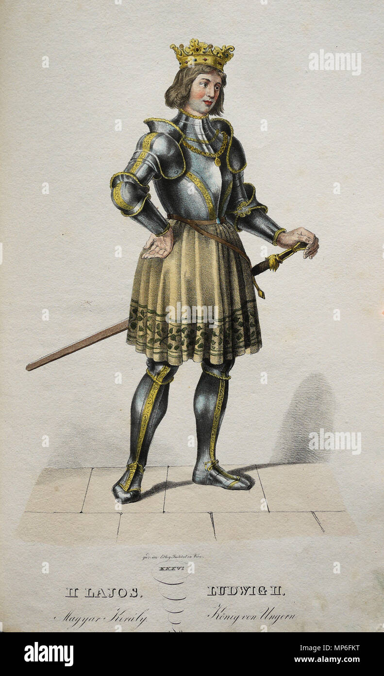 . English: Ludwig II. (1506-1526), König von Böhmen und Ungarn etc. Lithographie von Josef Kriehuber nach einer Zeichnung von Moritz von Schwind aus ungerns Erste Heerführer Herzoge und Koenige In einer Reihe von Bildnissen von Bela bis in Seine Majestät Kaiser Franz I. von Österreich König von Ungern &c., &c. Wien: lithographisches Institut; Ca. 1828. . 1828. 832 Ludwig II Litho Stockfoto