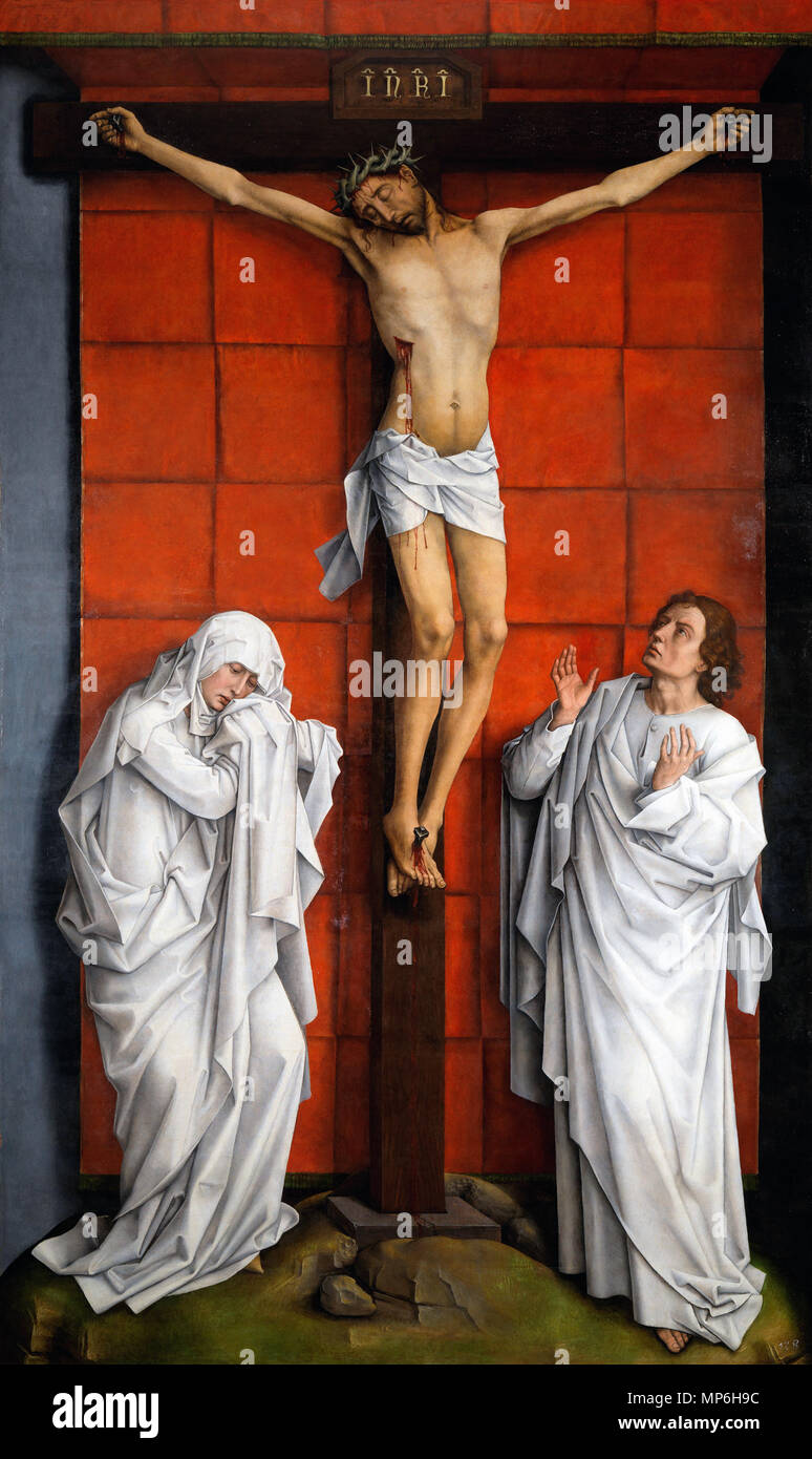 Christus am Kreuz mit Maria und Johannes * Öl auf Leinwand * 323,5 x 192 cm * zwischen 1457-1464 Christus am Kreuz mit Maria und Johannes. Español: En el centro está la Imagen de Cristo crucificado, teniendo forma De T la Cruz y estando colocada Bajo un falso Exorcismo de color Rojo. Y a los Lados de la Cruz están la Virgen María y San Juan, que contrastan debido a la blancura vestidos de Sus. . Zwischen ca. 1457 und ca. 1464. 1256 Weyden Christus am Kreuz mit Maria und Johannes Stockfoto