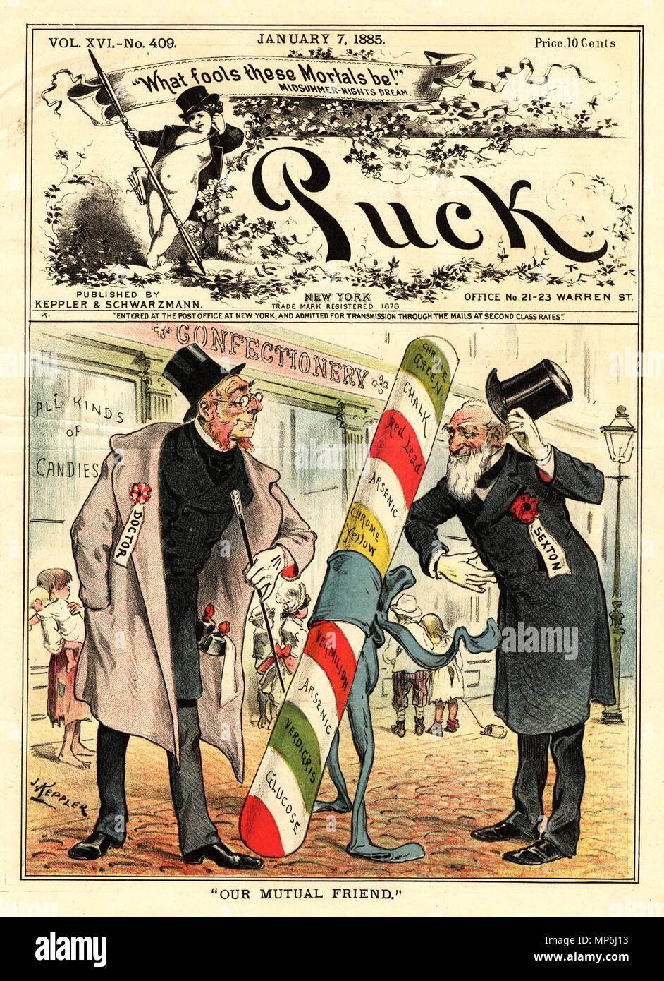 "Unser gemeinsamer Freund". Englisch: eine Karikatur, die für die Abdeckung von Puck, 7. Januar 1885. Es zeigt einen Arzt und einen Sexton, glücklich Gruß eine gestreifte Zuckerstange, deren farbige Linien gekennzeichnet sind, sind mit den Namen der gefährlichen Zusatzstoffe, die verwendet wurden, um den Farben: Grün (Chrom grün, Chrom(III)-oxid); Weiß (Kreide); Rot (rote Leitung, Bleioxid); Weiß (Arsen, arsentrioxid); Gelb (chrom gelb, Bleichromat); Rot (Vermilion, Quecksilbersulfid); grün (grünspan, Kupfer acetat); Weiß (Glukose, ein verfälschungsmittel für Zucker). Zu der Zeit, ihre Verwendung war ungeregelt. . 1885. 1287 Unsere gegenseitigen Frie Stockfoto