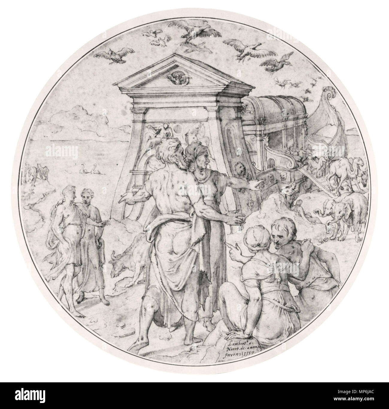 . Français: Lambert van Noort, Sortie des Animaux de l'Arche de Noé, dessin, Ø 263 mm, Signé Lambertus. a. /Noort.de. amersfort/Vorräte = 1557, Fondation Custodia (Coll. F. Lugt), Paris. 27 Juni 2015, 18:39:52. RKDimages 835 LvN - Sortie de l'Arche Stockfoto