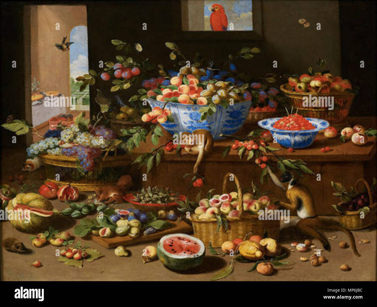 Englisch: Korb und Schalen der Früchte mit zwei Affen. ein Eichhörnchen, ein Ara und zwei Meerschweinchen 1678 - 1708. 704 Jan Van Kessel II - Korb und Schalen der Früchte mit zwei Affen. ein Eichhörnchen, ein Ara und zwei Meerschweinchen Stockfoto