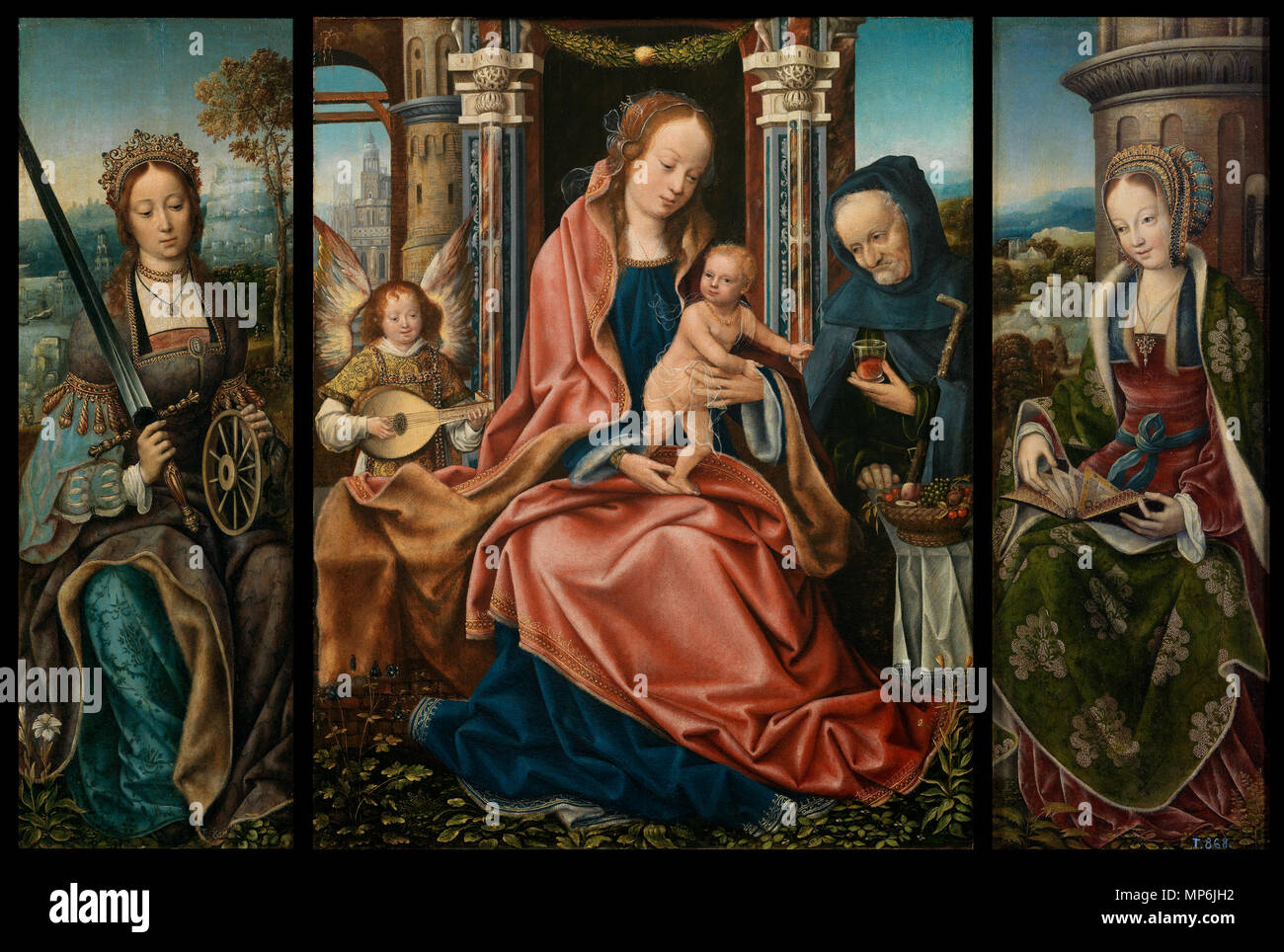 870 Meister von Frankfurt (Maestro de Frankfurt), Sagrada Familia con Angel músico, Santa Catalina de Alejandría, Santa Bárbara, 1510-1520, Museo del Prado, Madrid. Stockfoto