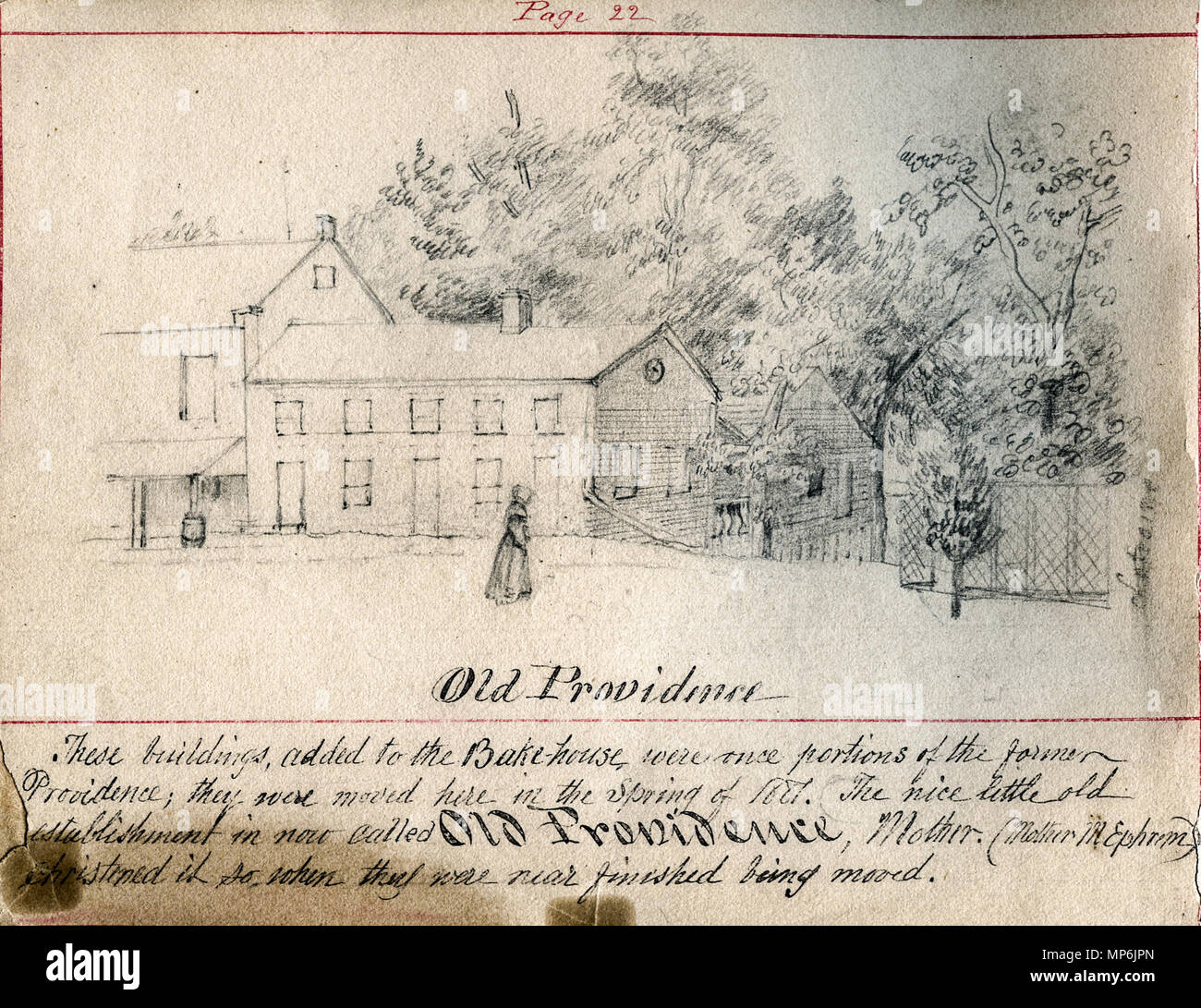 Gebundenes Buch mit Skizzen von Saint Mary's Gründen, hauptsächlich von Schwester Maurice Schnell, mit einigen von Schwester St. Francis Xavier Lefer, Vater Corbe und Studenten. Alte Vorsehung. Deutsch: das Gelände der Schwestern von der Vorsehung von Saint Mary-of-the-Woods, Indiana. "Vorsehung" ist der Name, den die Schwestern jeden von ihr Kloster Wohnungen in Folge gab. 'Mutter Maria Ephräm' ist Maria Ephräm Glenn, Generaloberer der Kongregation. Diese Skizze ist Teil eines gebundenen Buch sammeln verschiedene Skizzen von Saint Mary's Grundstück, Haus der Schwestern von der Vorsehung von Saint Mary-of-the-Woods, Indiana, und der Stockfoto