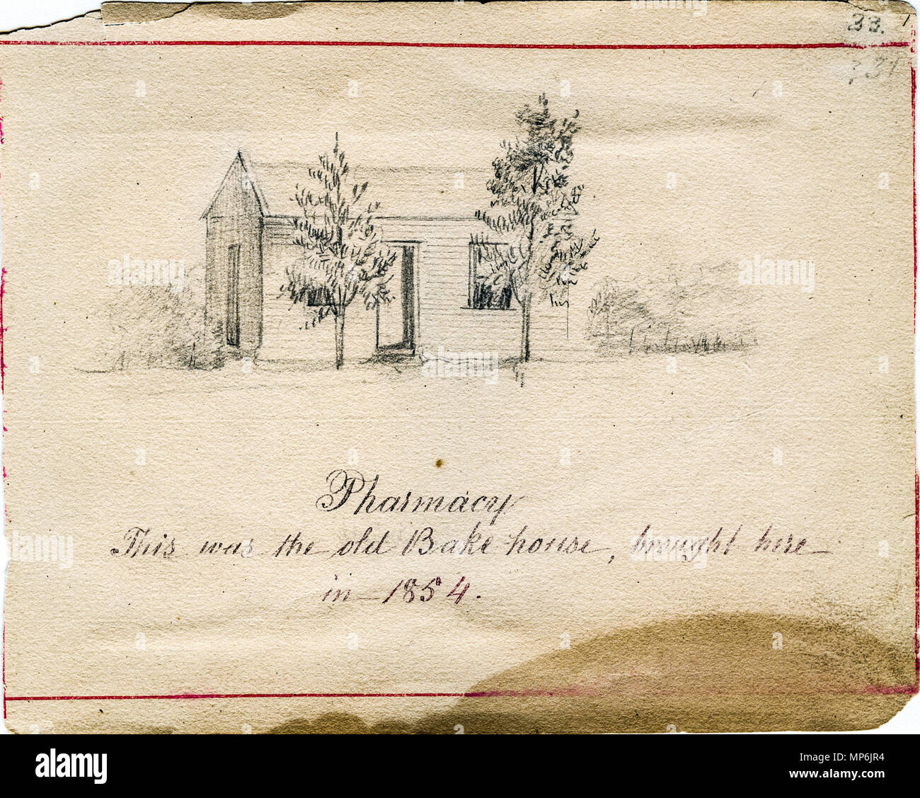 Gebundenes Buch mit Skizzen von Saint Mary's Gründen, hauptsächlich von Schwester Maurice Schnell, mit einigen von Schwester St. Francis Xavier Lefer, Vater Corbe und Studenten. . Englisch: Apotheke auf dem Gelände der Schwestern von der Vorsehung von Saint Mary-of-the-Woods, Indiana. Diese Skizze ist Teil eines gebundenen Buch sammeln verschiedene Skizzen von Saint Mary's Grundstück, Haus der Schwestern von der Vorsehung von Saint Mary-of-the-Woods, Indiana, und der Akademie, das später zu Saint Mary-of-the-Woods College. Zeichnungen sind zwischen 1842 und 1889 datiert und werden vor allem durch Schwester Maurice Schnell, mit einigen von Si gesammelt Stockfoto