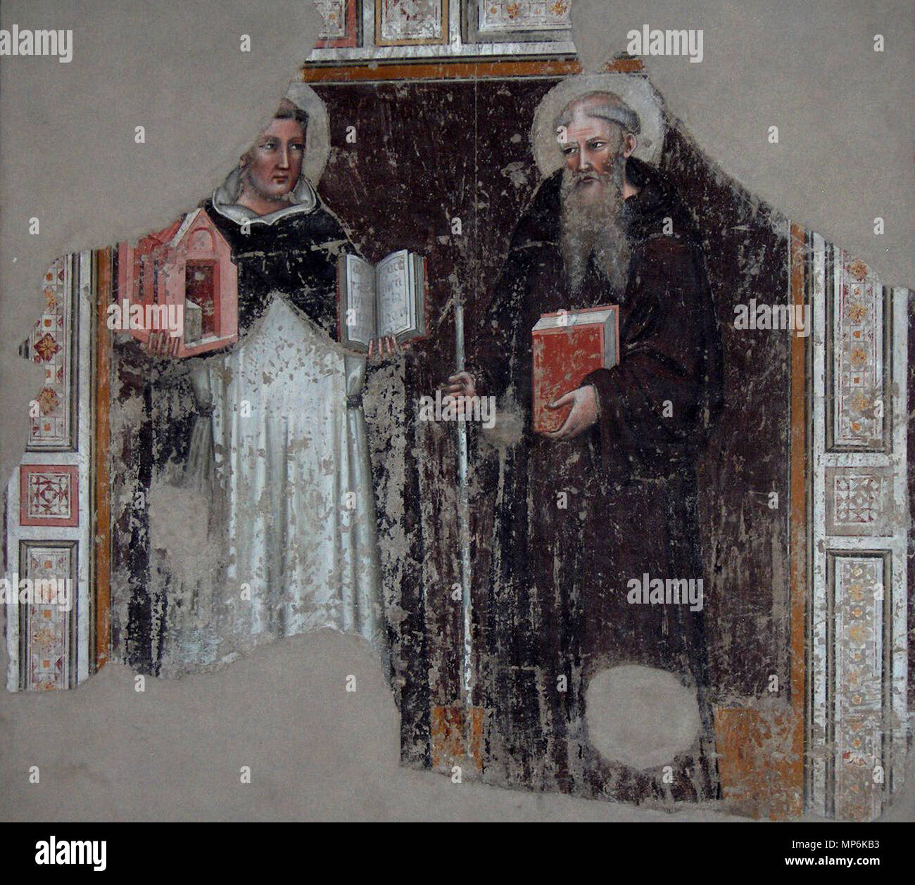 . Der hl. Thomas von Aquin und der hl. Benedikt von Nursia; Fresko (14. c.) Im linken Querschiff; Basilika des heiligen Dominikus, Bologna, Italien. 4. April 2006. Georges Jansoone 1090 San Domenico 41 Stockfoto