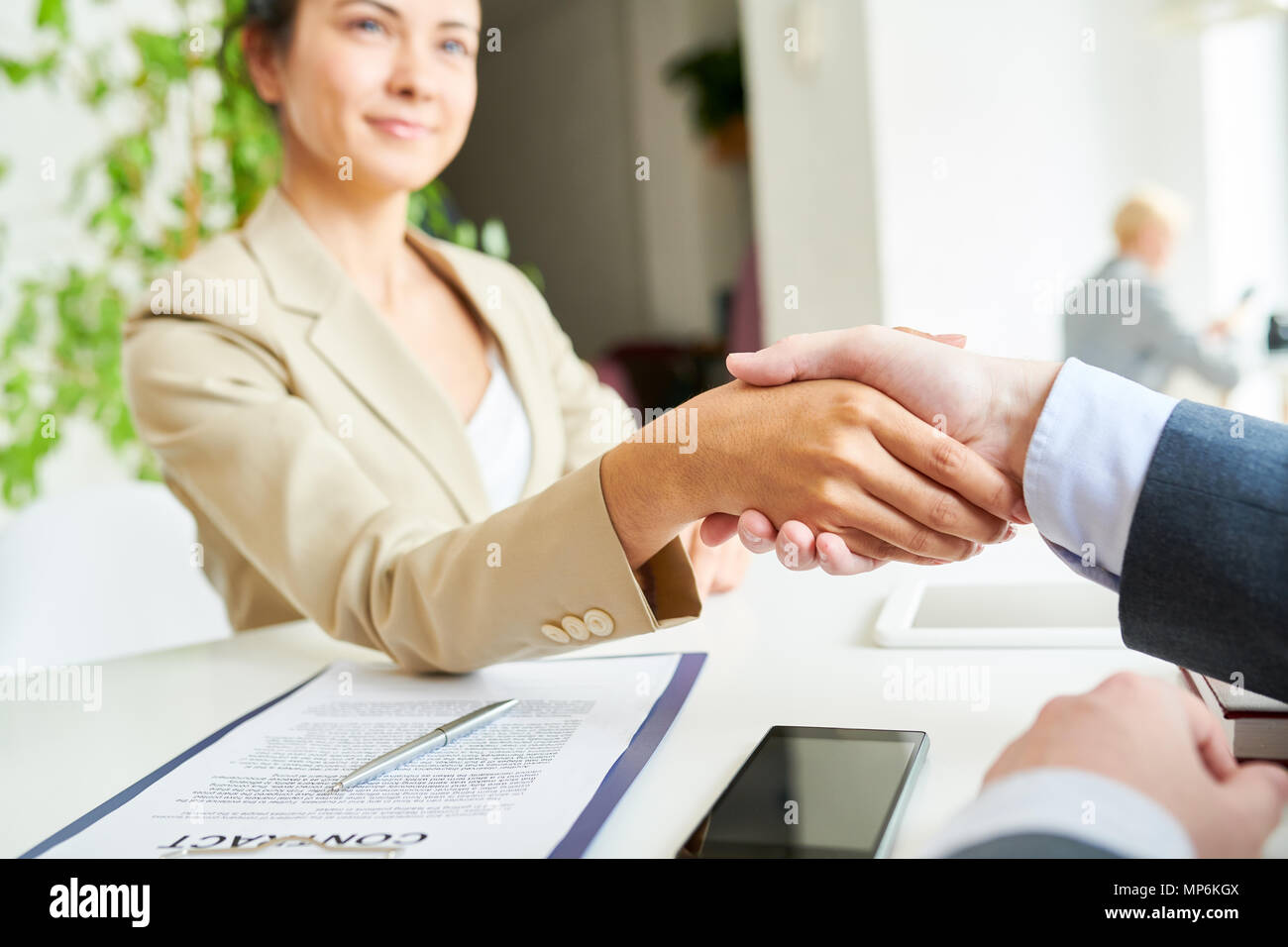 Elegante Geschäftsfrau Händeschütteln mit Partner Stockfoto
