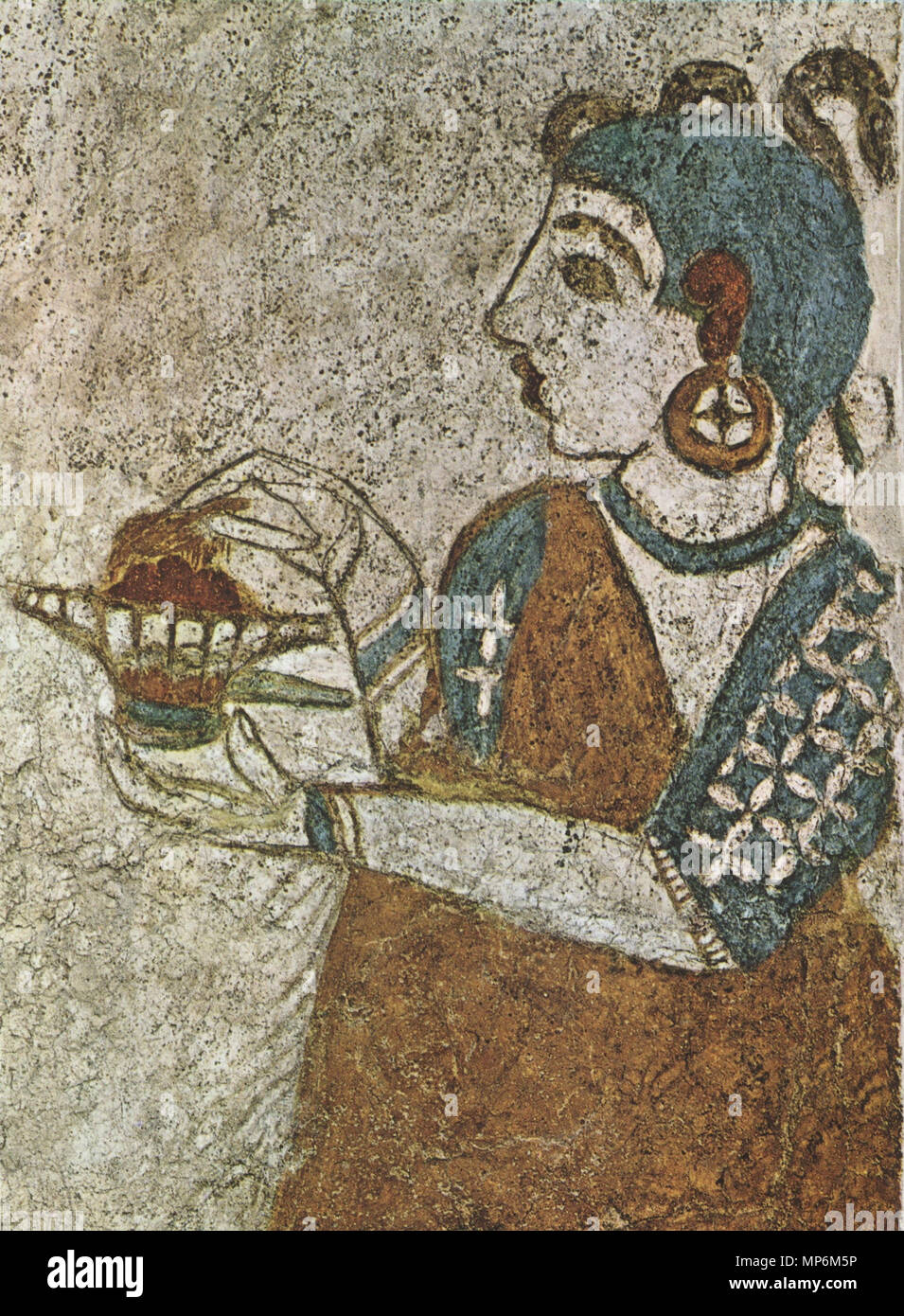 . English: Fresko einer Priesterin aus dem Durchgang von Raum 4 zu Raum 5 im Obergeschoss des Westhauses der Ausgrabungsstätte in Akrotiri auf Santorin, Kykladen, Griechenland. zwischen 1650 und 1500 v. Chr.. Unbekannt 1028 Priesterin Akrotiri Westhaus, 01. Stockfoto