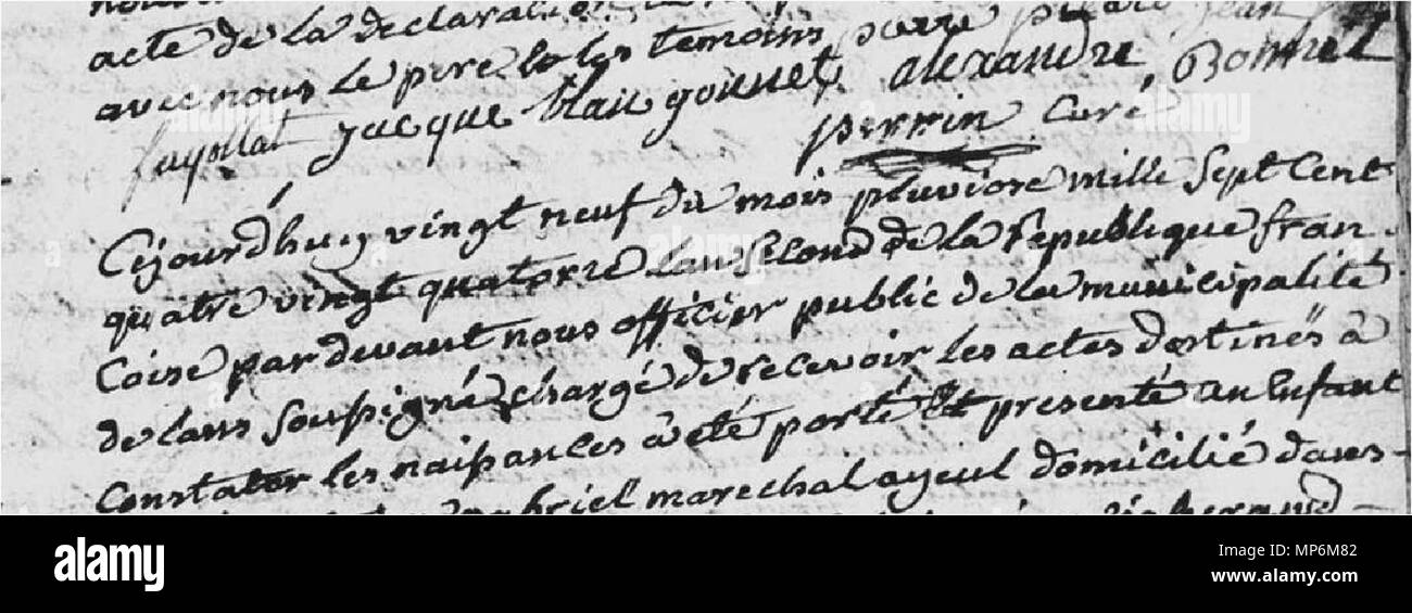 . Zertifikat der Geburt beschnitten. 1794. Sitz der Gemeindeverwaltung von Lans 792 Lans. Registre des naissances. 1794 Stockfoto