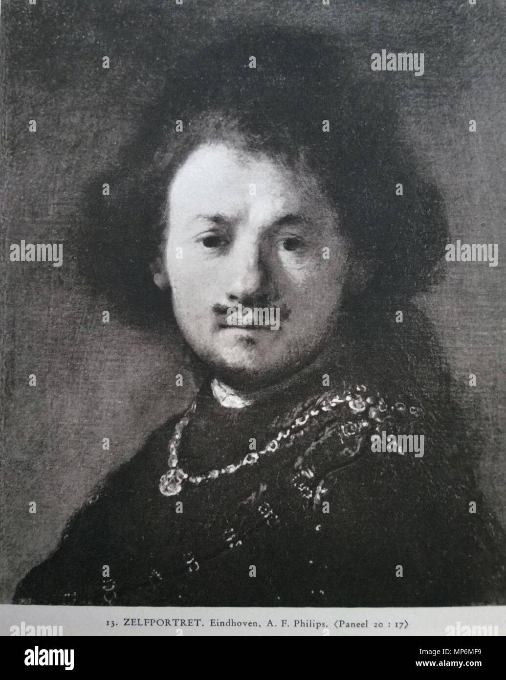 Englisch: Selbstbildnis mit goldenen Kette und Schnurrbart. Dieses Objekt ist in RKDimages, Datenbank der Niederländischen Institut für Kunstgeschichte indiziert, unter der Referenznummer 266765. Čeština | Deutsch | Français | македонски | Nederlands | +/-. zwischen 1625 und 1765. 1050 Rembrandt - Portrait oder Büste eines jungen Mannes - A.F. Philips Stockfoto