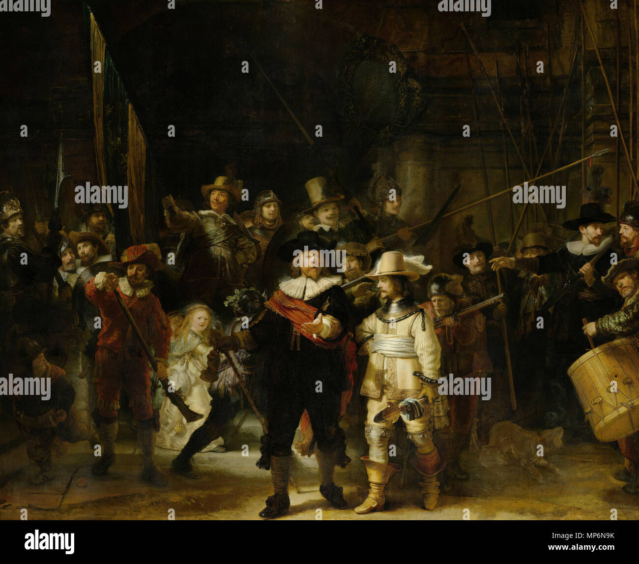 Die Firma von Frans Banning Cocq und Willem van Ruytenburgh, als "Wächter der Nacht" bekannt. Frans Banning Cocq, Heer van de purmerlant Capiteijn Ilpendam, Willem van van Ruijtenburch Vlaerdingen, Heer van Vlaerdingen, Luijtenant, Jan Visscher Cornelisen Vaendrich, Rombout Kemp Sergeant, Reijnier Engelen Sergeant, barent Harmansen, Jan Adriaensen Keyser, Elbert Willemsen, Musketier Jan Clasen Leydeckers (hinter dem Leutnant in Gelb Schlag in das Pulver pan einer Muskete, gehörte einst zu Jan Snedeker), Jan Ockersen, Jan Pietersen bronchorst, Harman Iacobsen wormskerck, Jakob Dirksen de Stockfoto