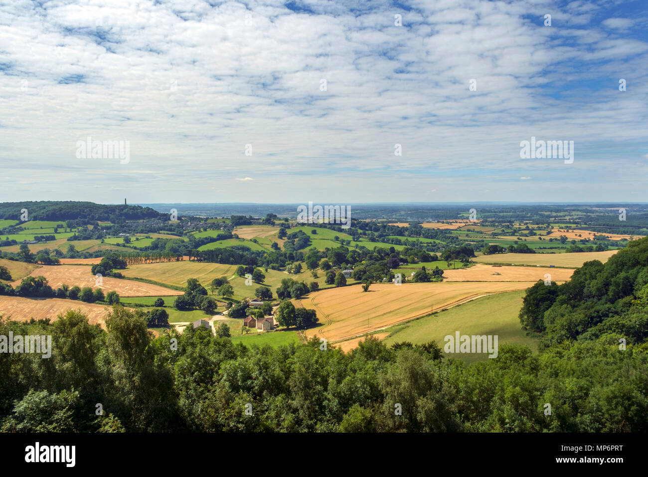 Sommer Blick vom Cotswold Edge gegen Tynedale Momument aus der Sicht auf die Hügel in der Nähe von Stinchcombe Dursley, Gloucestershire, VEREINIGTES KÖNIGREICH Stockfoto