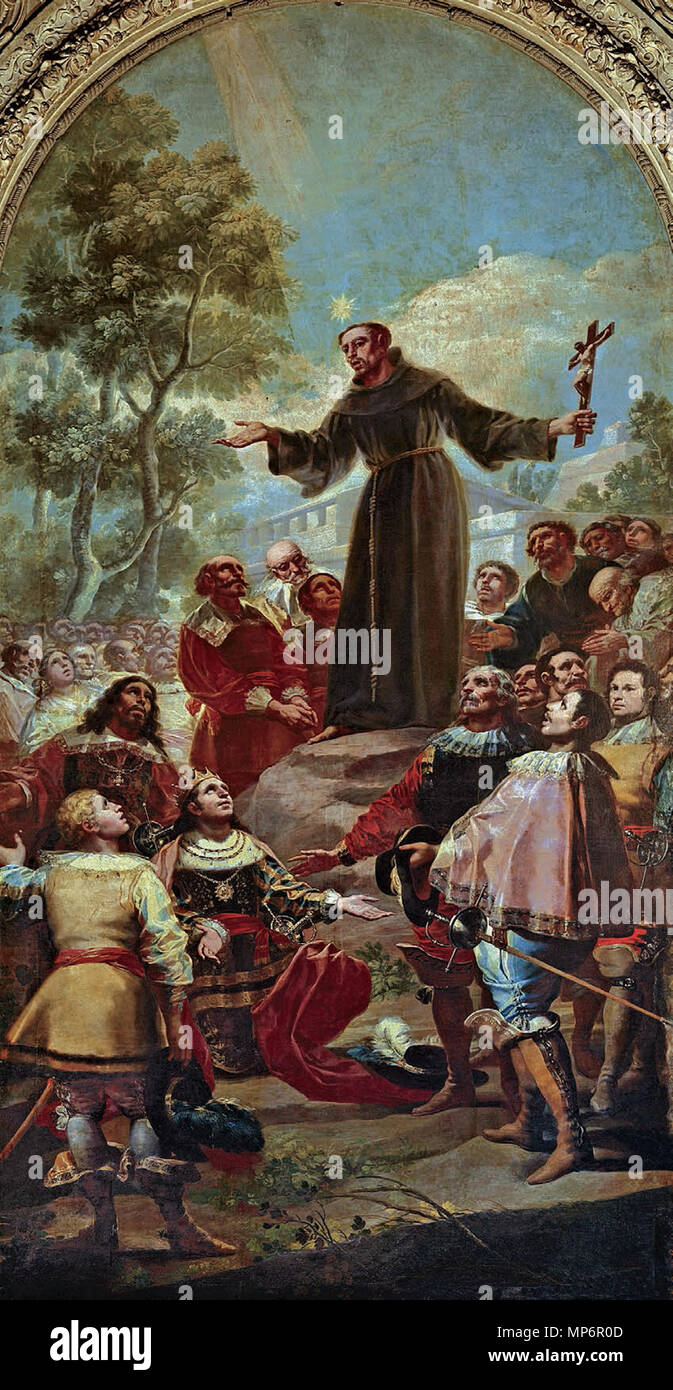 Spanisch: San Bernardino de Siena predicando ante Alfonso V de Aragón die Predigt des Heiligen Bernardino von Siena. Español: La Obra muestra ein San Bernardino de Siena predicando ante El Rey Alfonso V de Aragón. Y el hombre Joven que aparece La derecha de la obra está considerado Uno autorretrato del Pintor Francisco de Goya. . 1784. 1090 San Bernardino de Siena (Goya) Stockfoto
