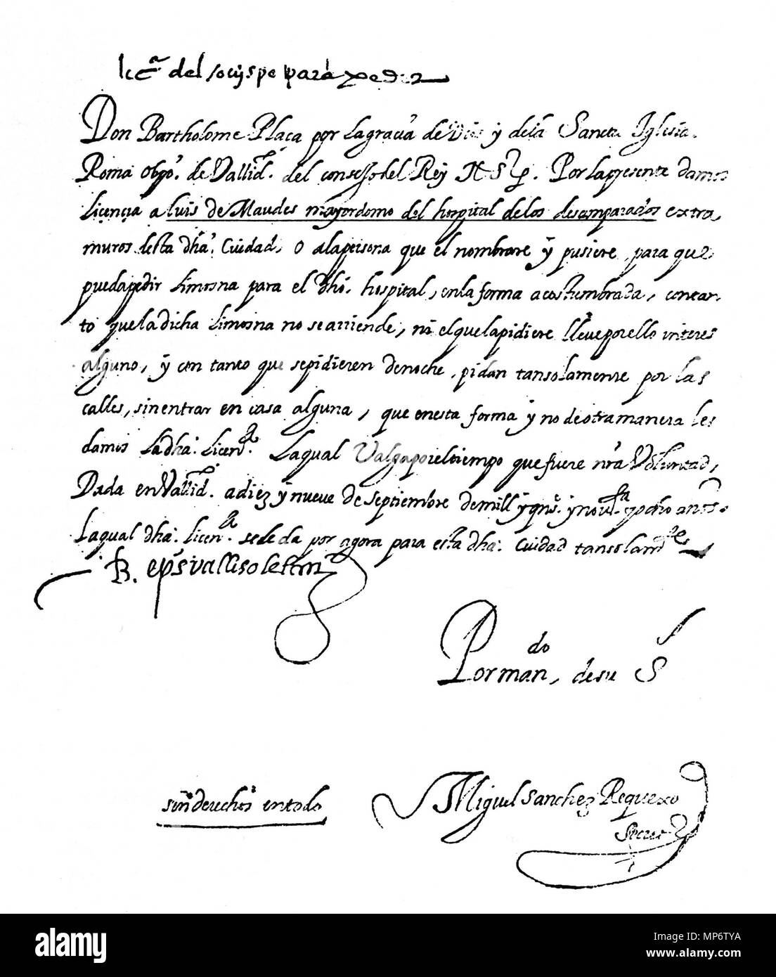 . Español: Licencia otorgada por el Obispo de Valladolid Bartolomé Plaza ein Luis Mahudes dando limosna permiso para pedir por las Calles de, de Noche, para el Hospital de los Desamparados. En Valladolid 1598. Archivos del Hospital de la Resurrección, sección Desamparados, Libro 134, fol. 163. 6 März 2017, 19:26:45. Lourdes Cardenal 809 Licencia ein Luis de Mahudes Lou Stockfoto