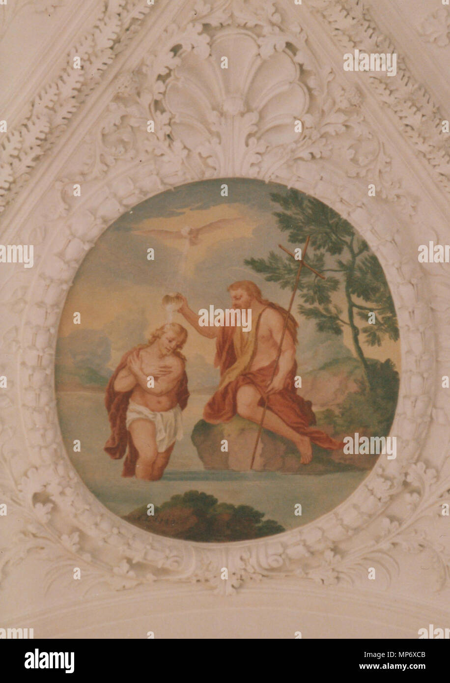 . St. Johannes Baptist und Johannes Evangelist (edelstetten), Fresko (1710/11): Taufe Jesu im Jordan. 14. Mai 1994. Johann Arbogast Thalheimer (um 1664-1746); durch die hermetiker 1138 St. Johannes Baptist und Johannes Evangelist (edelstetten) 24 fotografiert. Stockfoto