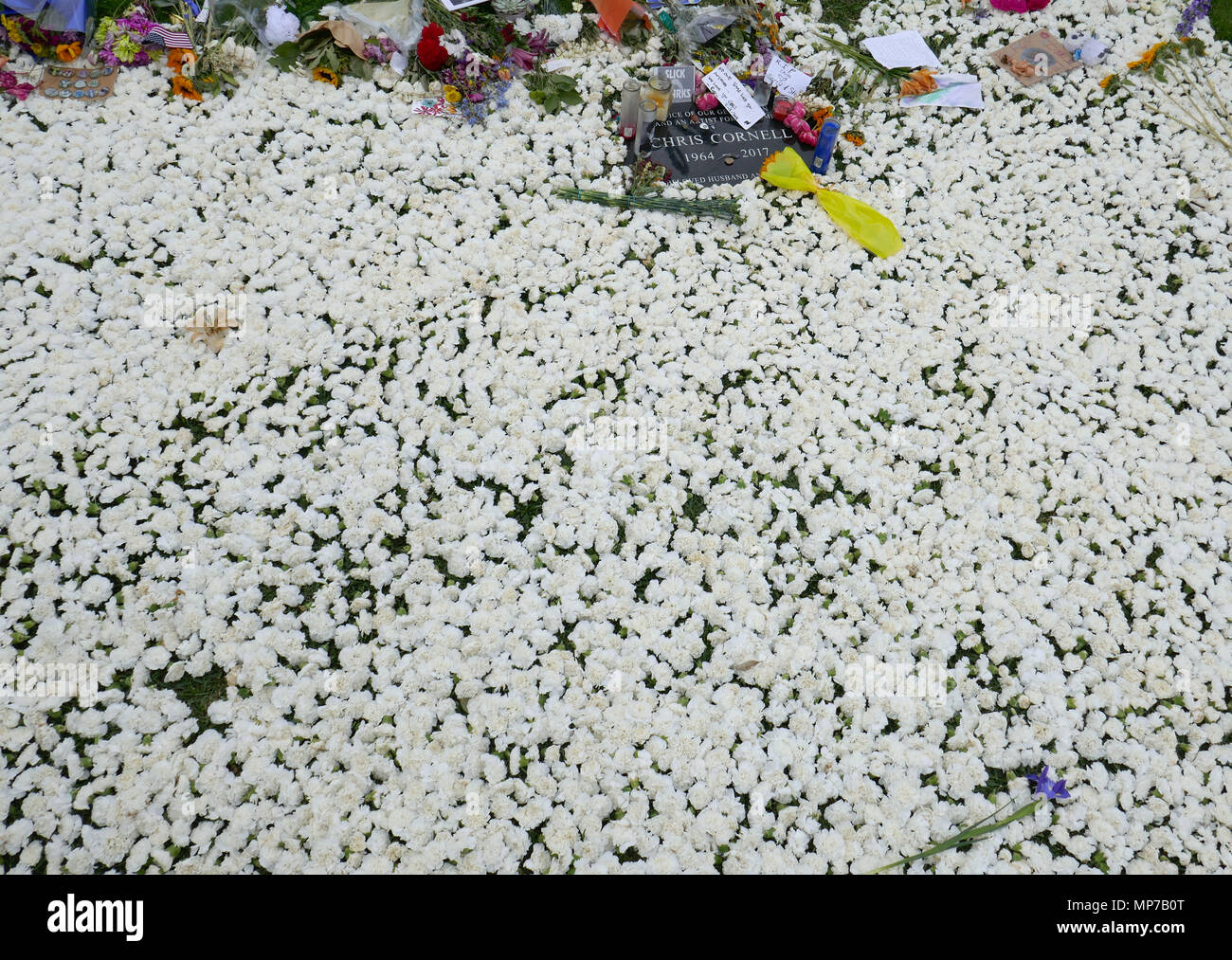 Los Angeles, Kalifornien, USA. 21 Mai, 2018. Einen Überblick über die Atmosphäre der Musiker/Sänger Chris Cornell Grab mit Blumen für den Jahrestag seines Todes gelegt, am 21. Mai 2018 in Hollywood Forever Cemetery in Los Angeles, Kalifornien. Foto von Barry King/Alamy leben Nachrichten Stockfoto