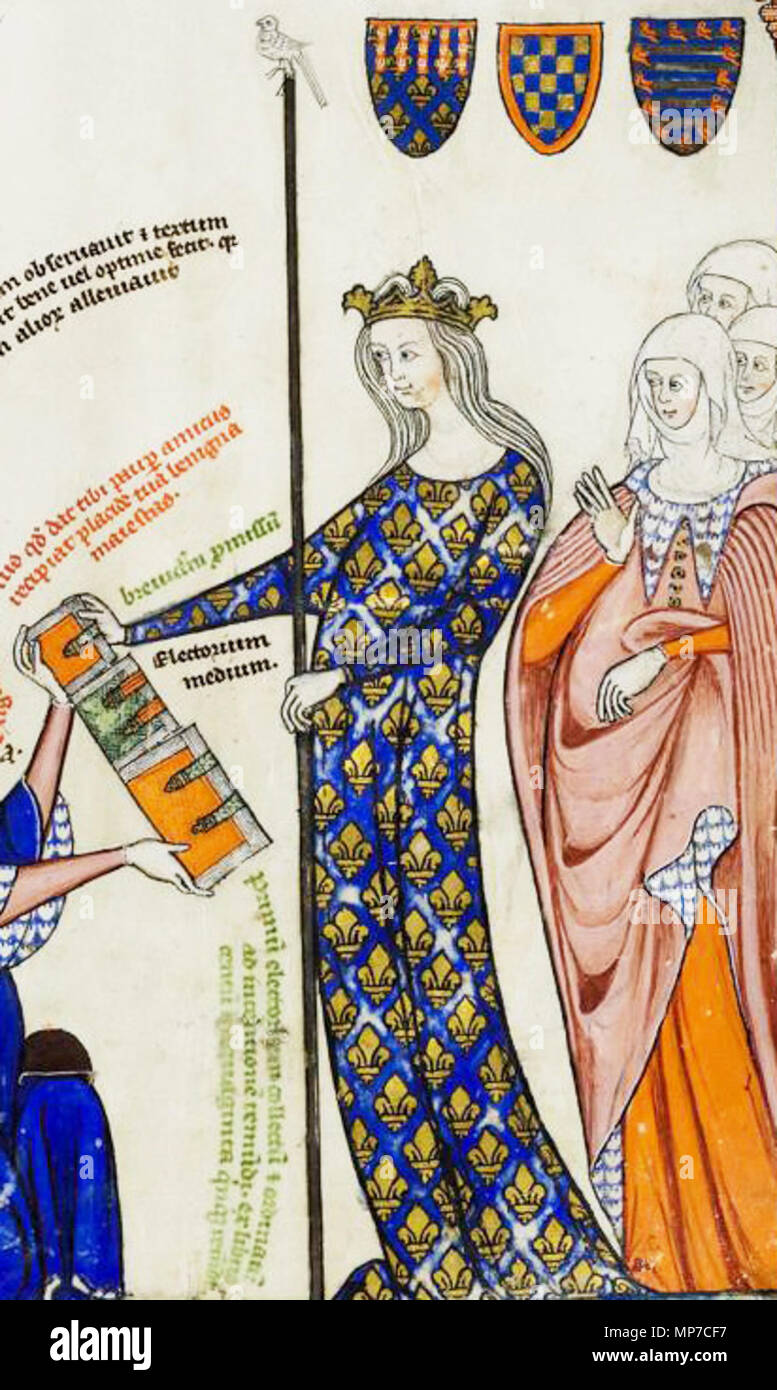 . Français: Jeanne II de Bourgogne, Comtesse de Bourgogne, reine de France et de Navarre (épouse de Philippe V de le Lange, Roi de France) Détail d'une enluminure tirée Du'electorium parvum seu Breviculum' de Thomas le Myésier, Karlsruhe, Badische Landesbibliothek, St. Peter Perg. 92, fol. 12 r Englisch: Joan II, Gräfin von Burgund, Königin von Frankreich und Navarra, (Frau von König Philipp V. von Frankreich) Miniatur (Detail) von 'electorium parvum seu Breviculum" von Thomas le Myésier, Karlsruhe, Badische Landesbibliothek, St. Peter Perg. 92, fol. 12 r. ca. 1325. Unbekannte frühe 14. Jahrhundert Künstler, mayb Stockfoto